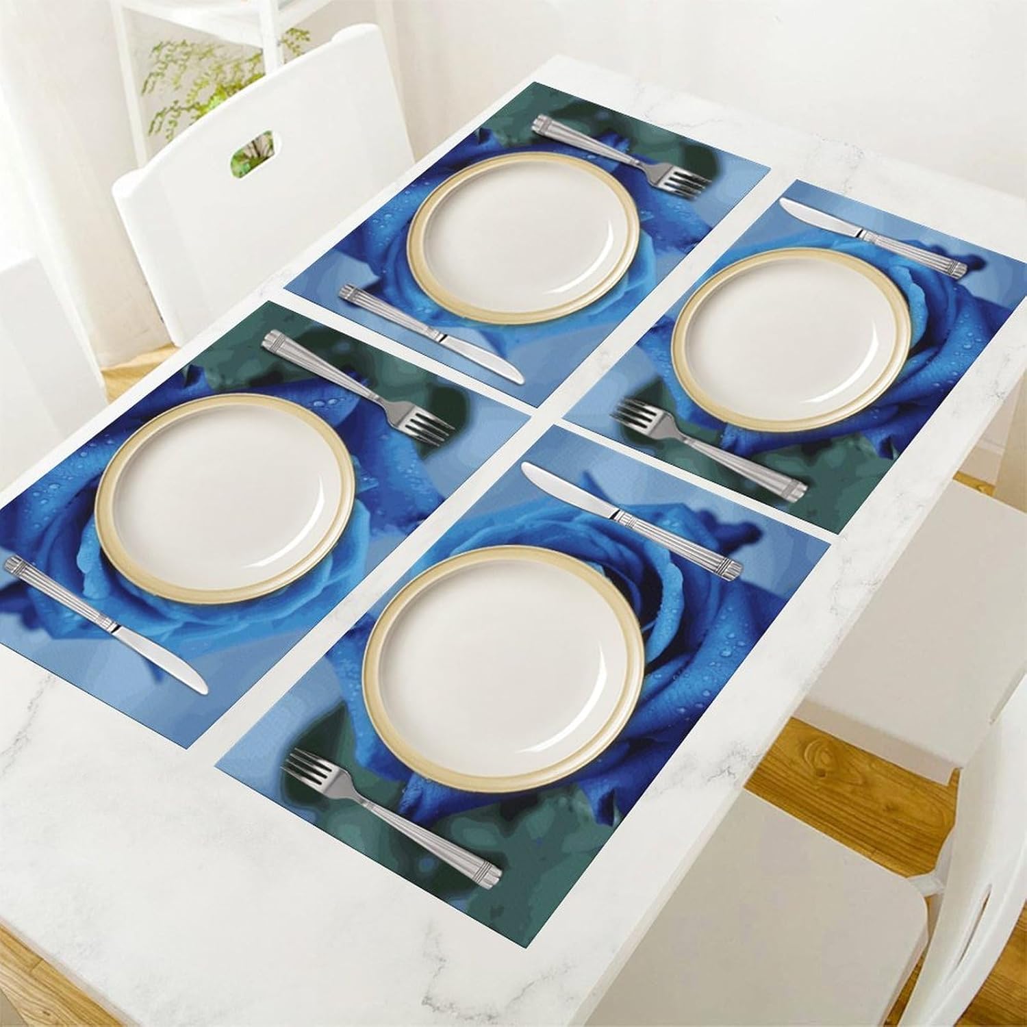 4pcs Placemat Vinyl Non-Slip Insulation Place Mats Wipeable Easy to Clean Romantic Blue Rose Tablemats for Kitchen Dining Table Decoration 11.8x17.7 in