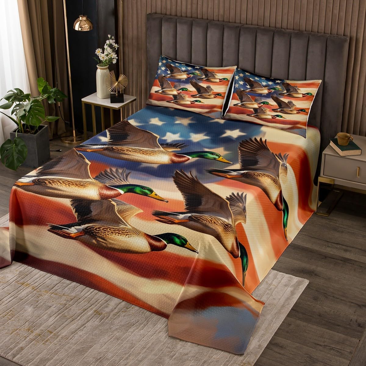 Homewish American Flag Bedspread Twin Size,Flying Wild Duck Bedding Set for Kids Girl Boys Room Decor,Mallard Duck White Red Stripes Coverlet Set 2Pcs,Rustic Style Hunting Animal Quilt,1 Pillowcase