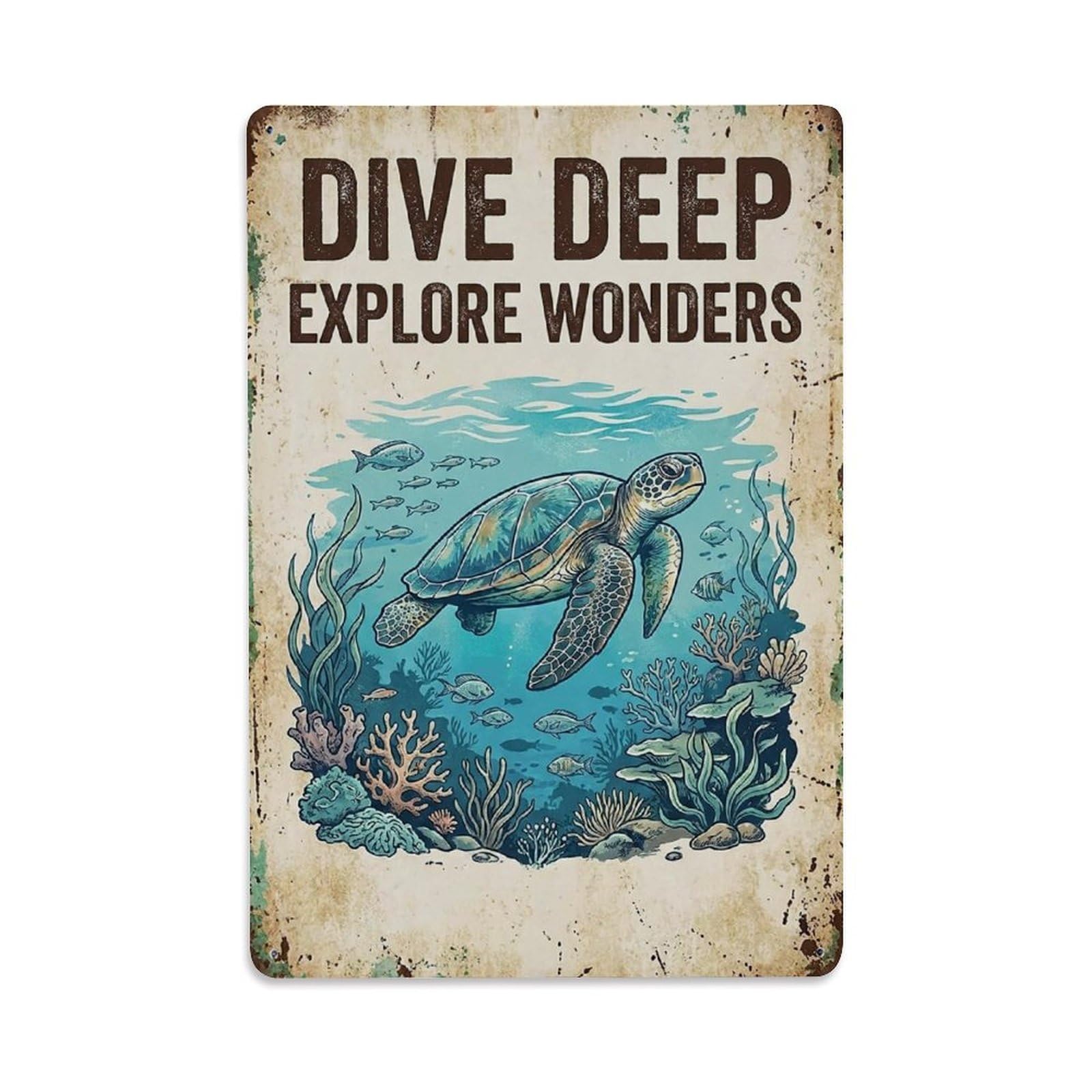 Okngb Style Folk Ocean Saying Deep Explore Wonders Whimsical Metal Tin Sign Plaque Wall Decor For Cafe, Man Cave, Club Bar, Office, Home Garden Round Metal Poster 8X12inch