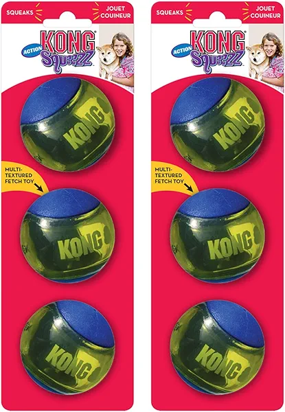 KONG Squeezz Action Ball Dog Toy – Durable Bouncy Ball with Built-in Squeaker – Great for Fetch & Chewers – Stimulates Play & Exercise (Blue, Medium (6 Pack))
