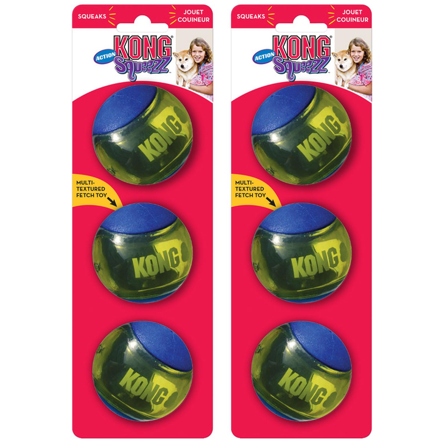 KONG Squeezz Action Ball Dog Toy Durable Bouncy Ball with Built-in Squeaker Great for Fetch Chewers Stimulates Play