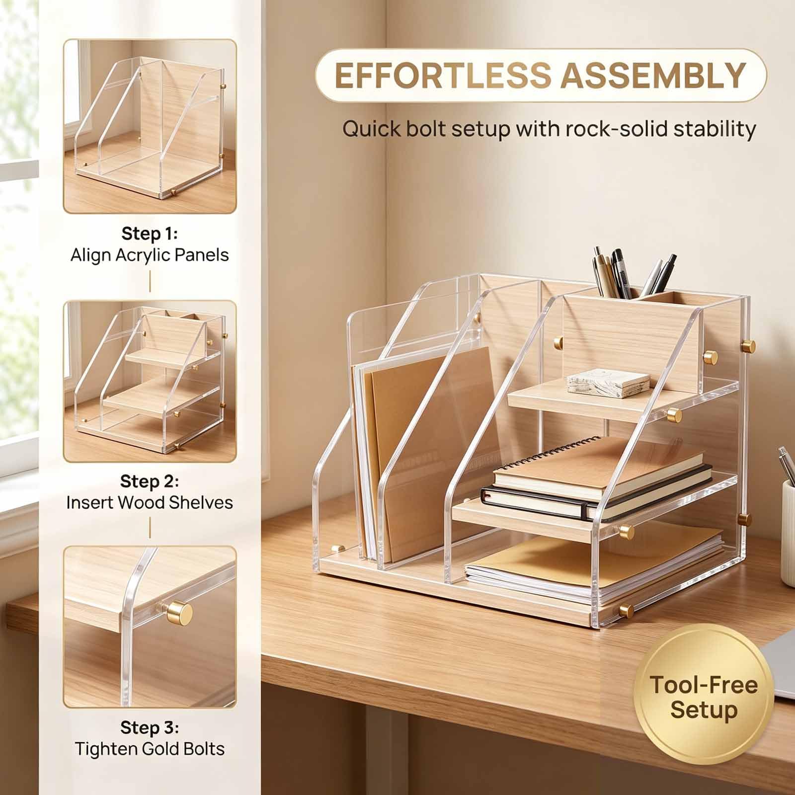 Organizador De Escritorio Multicapa, Portadocumentos De Acrílico Transparente Y Madera Con Compartimento Lateral, Estante Para Guardar Papeles De Escritorio Para Oficina, Hogar Y Escuela.