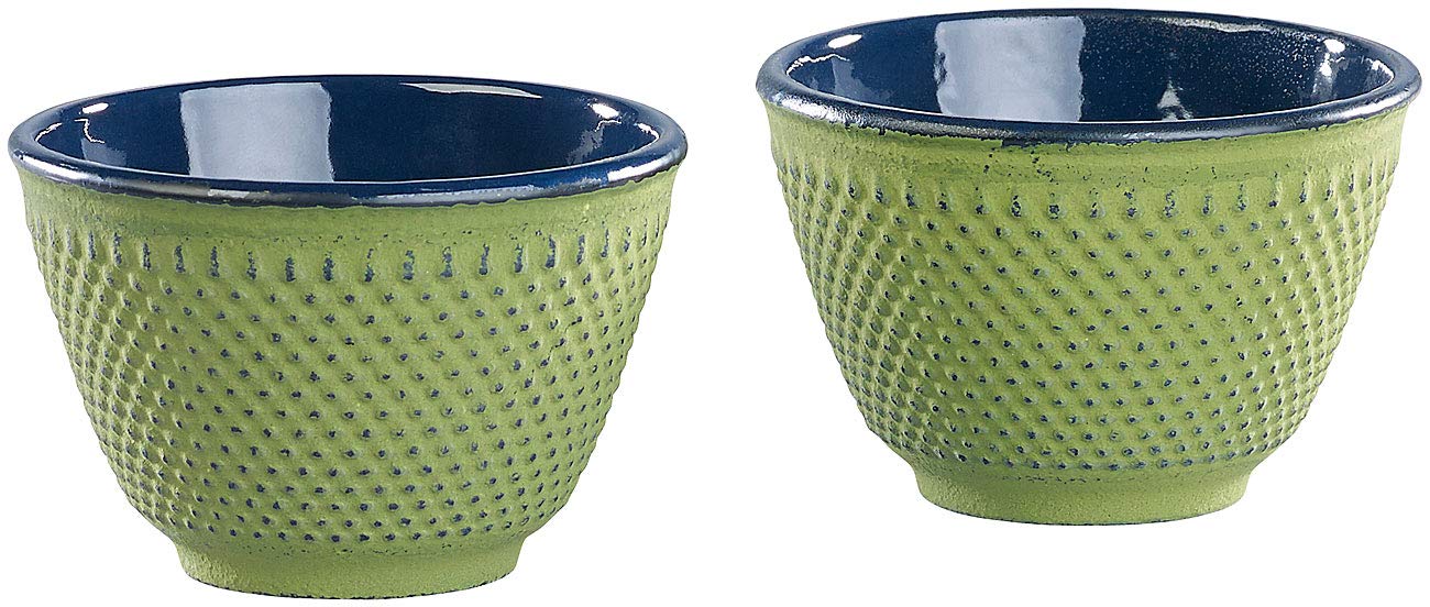 Rosenstein & Söhne Asiatisches Teeset: Asiatische Teekanne, Untersetzer und 2 Becher aus Gusseisen, olivgrün (Tee Set asiatisch, Gusseisenteekanne, Guss)