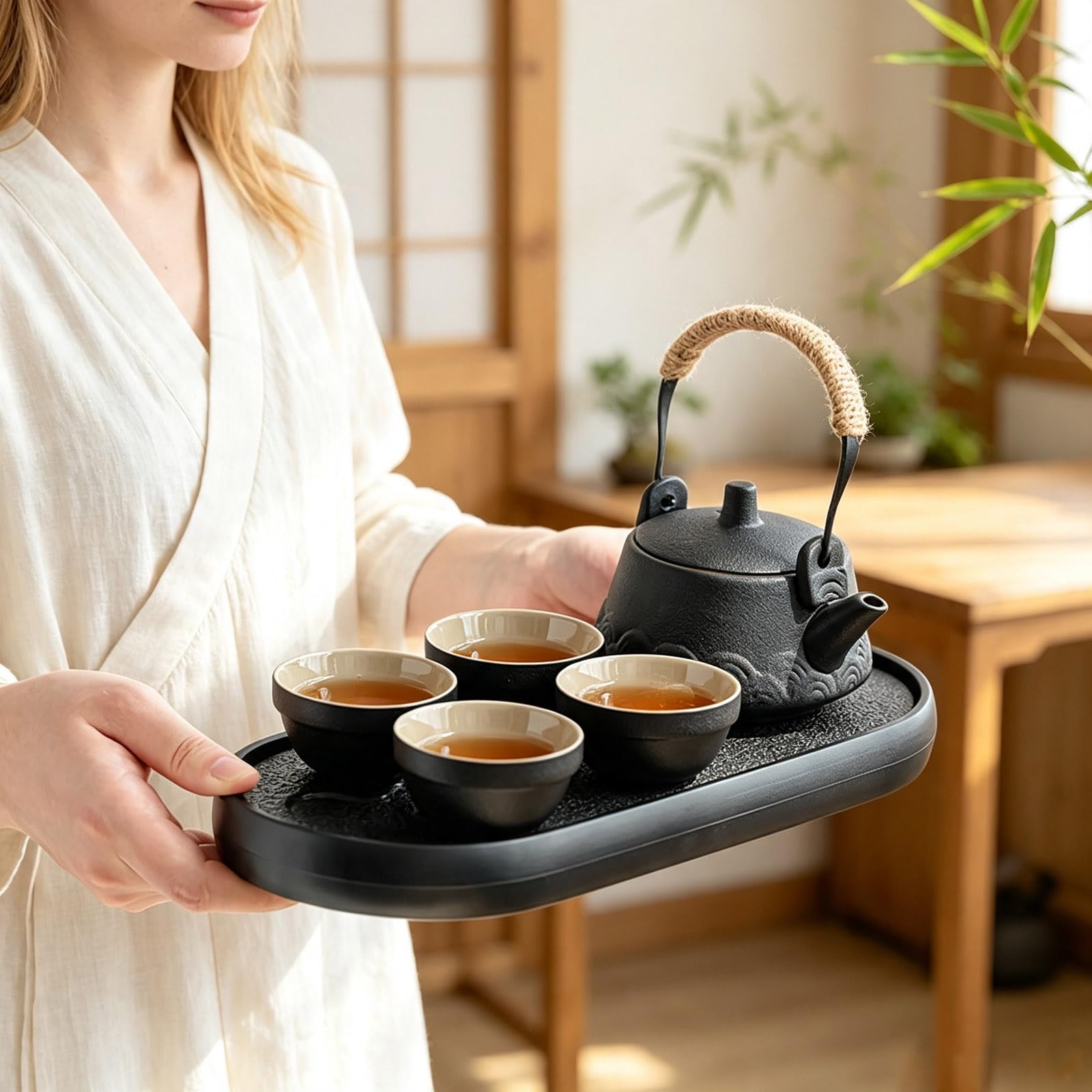 Chinesisches Gongfu-Tee-Set aus Keramik, 10 Stück Teekannen-Set Teeservice | All-in-One-Geschenktüte Teeservice, mit 230ml Porzellan Teekanne, 4er 45ml Keramik Tasse, für Geschenke, Outdoor, Reisen