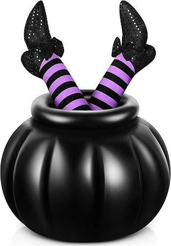 Miniatura 4 de Jenaai Caldero inflable de plástico para Halloween con patas de brujas, enfriador de bebidas grandes, caldero de dulces, decoración de bruja de
