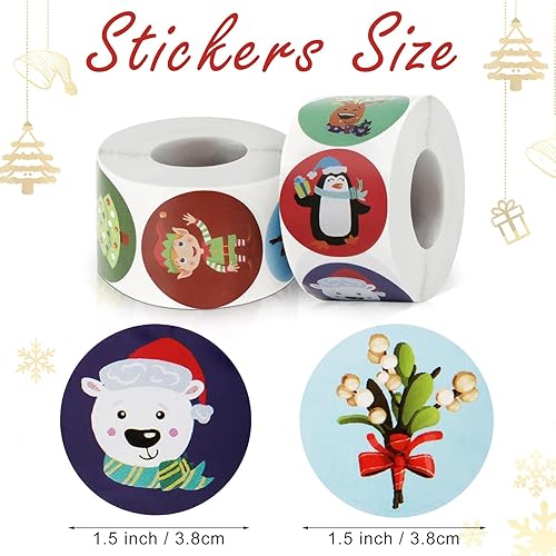 Miniatura 2 de Rollo de 1000 calcomanías de Navidad, calcomanías redondas autoadhesivas para niños, suministros de fiesta de Navidad (16 patrones)