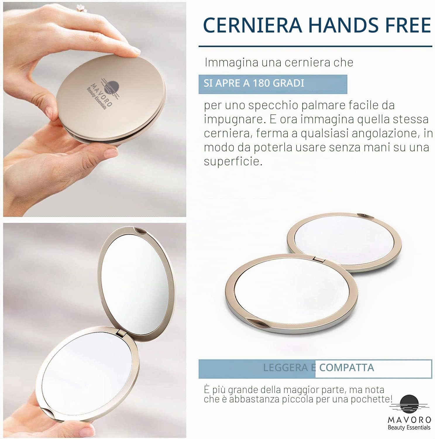 Ingrandimento Specchio Compatto per Borse con Ingrandimento 10X - Specchio da Viaggio a due Lati Trucco Specchio da Viaggio, 10cm Specchio Tascabile Piccolo, o Specchio da Borsa (Champagne Oro)