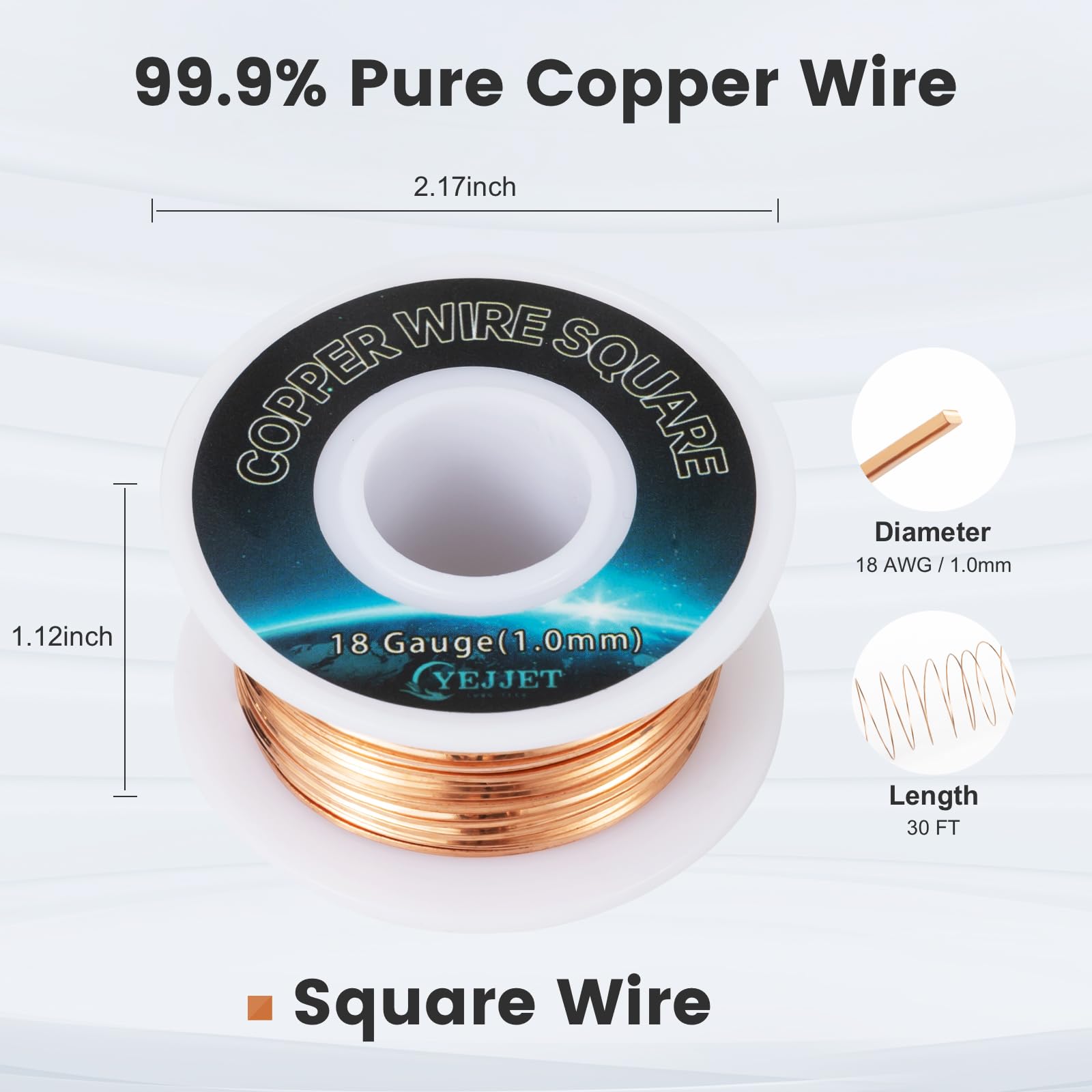 YEJJET Square Copper Wire - 18 Gauge, 99.9% Pure Soft Copper, 30 Ft