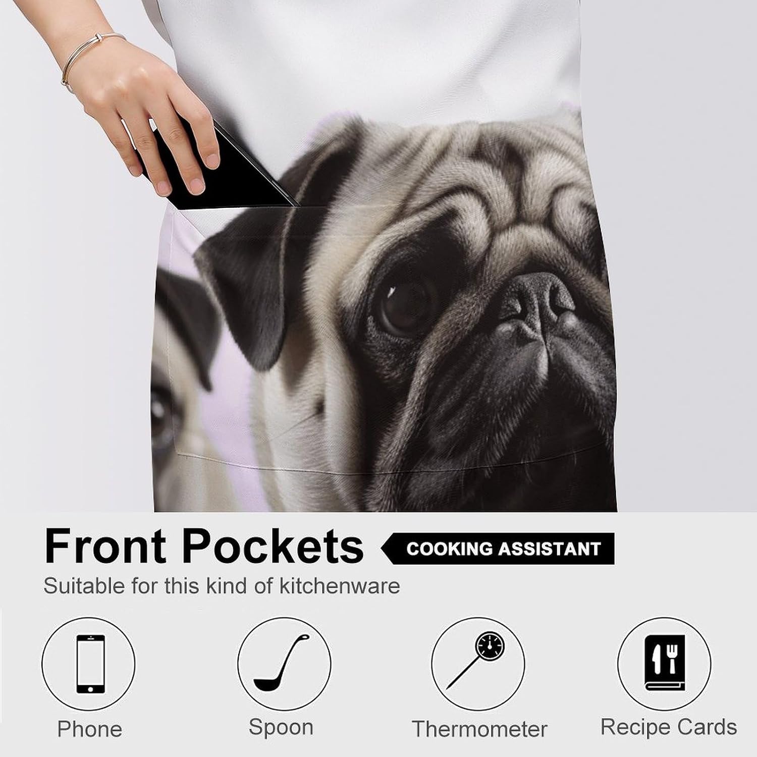 Pug Dog Apron Adjustable Chef Apron with Pocket for Men Women Waterproof Bib Apron Durable Cooking Apron for BBQ Baking Kitchen Cooking Apron