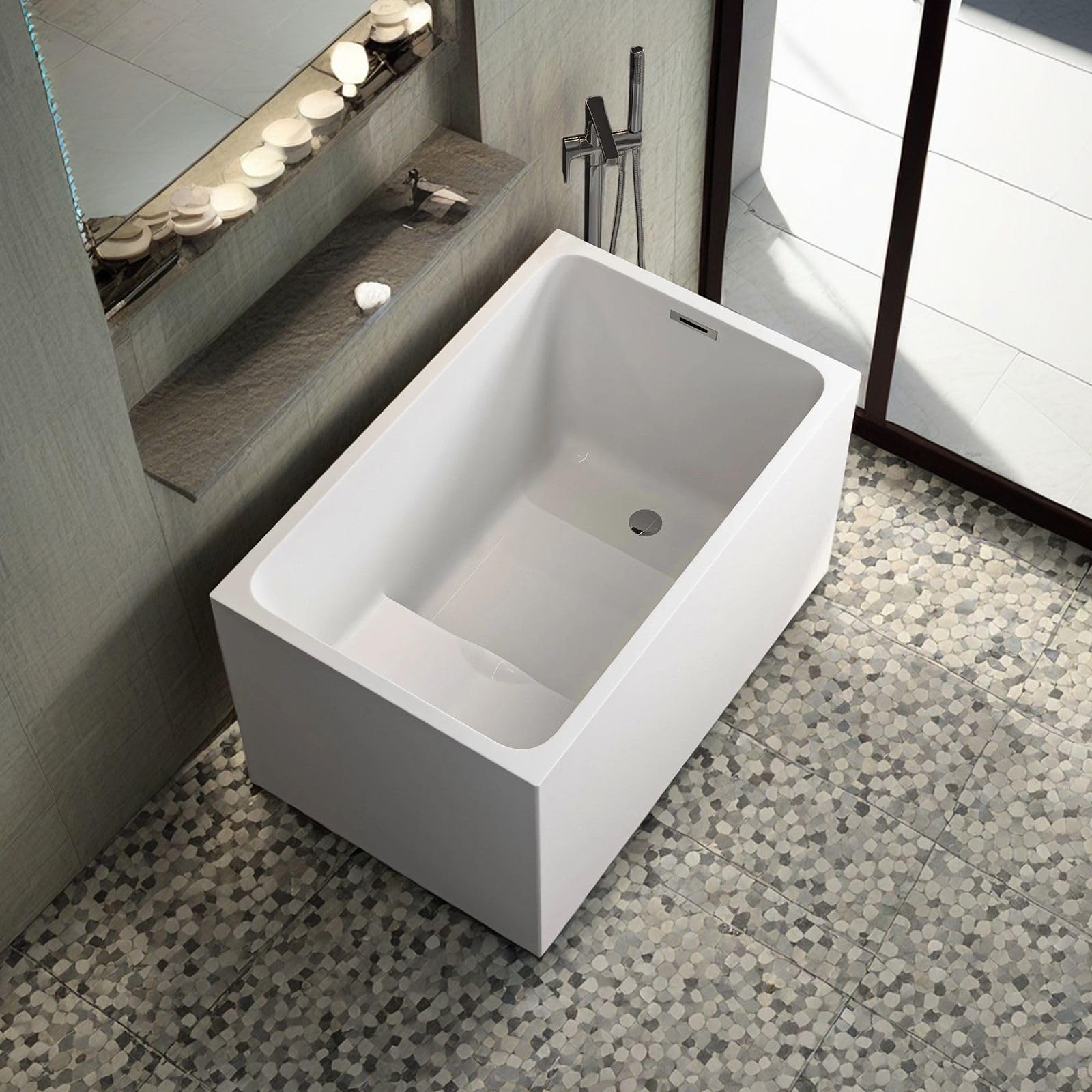 CAGUUIA 43" Acrylic Freestanding Bathtub with Seat Contemporary Free Standing Tub Spacious Rectangle Soaking Bath Tub with Chrome Overflow & Pop-Up