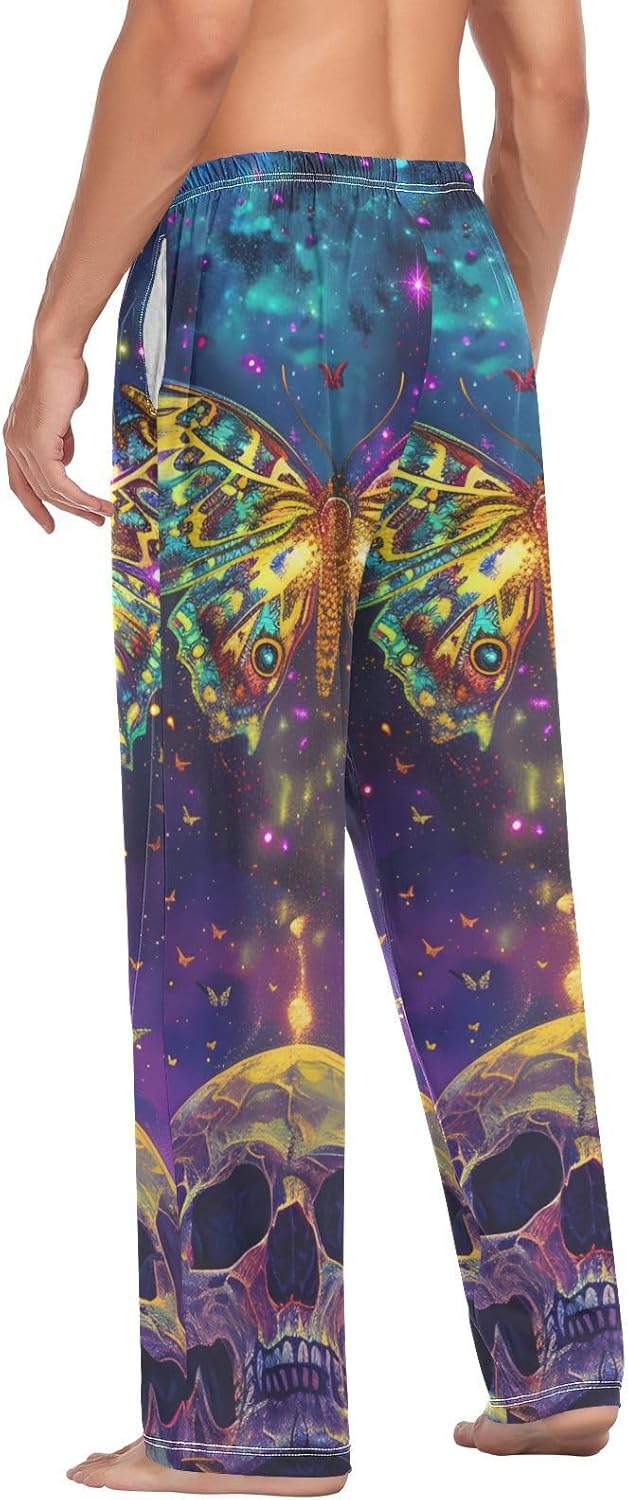 ALAZA Skull Betterfly Starry Sky Men's Sleepwear Mens Pajama Pants Bottoms with Pockets, S