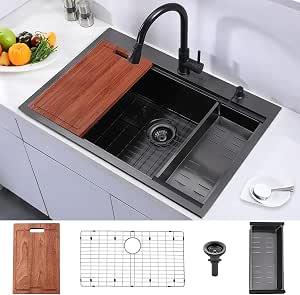 AOMEI 33x22 Inch Black Drop-In Kitchen Sink – 16 Gauge Stainless Steel With Workstation Accessories