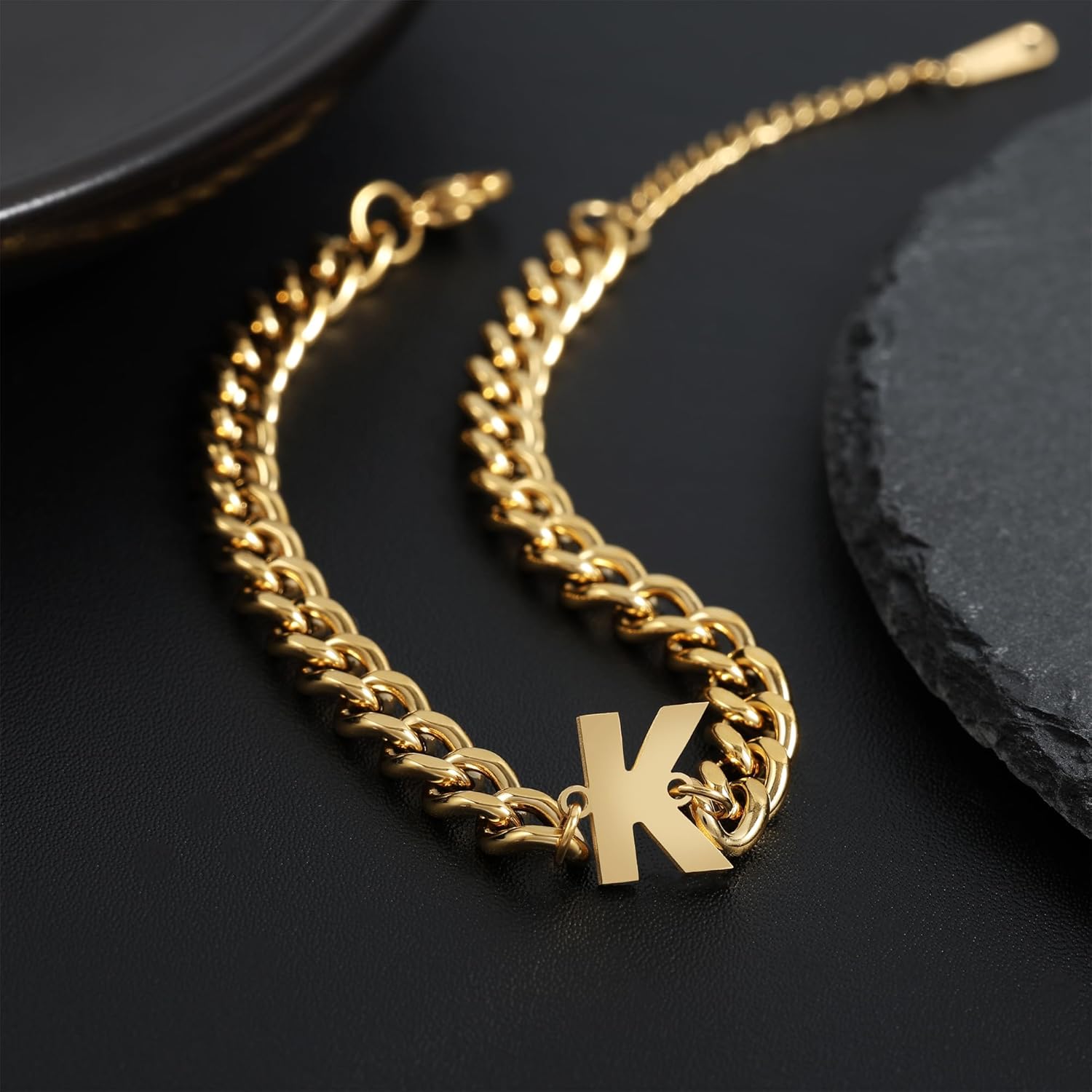 Initial Bracelet for Men 18K Gold Plated Letter Charm Bracelet Letter A-Z Charm Adjustable Cuban Link Chain Bracelet for Boyfriend Father - Image 3