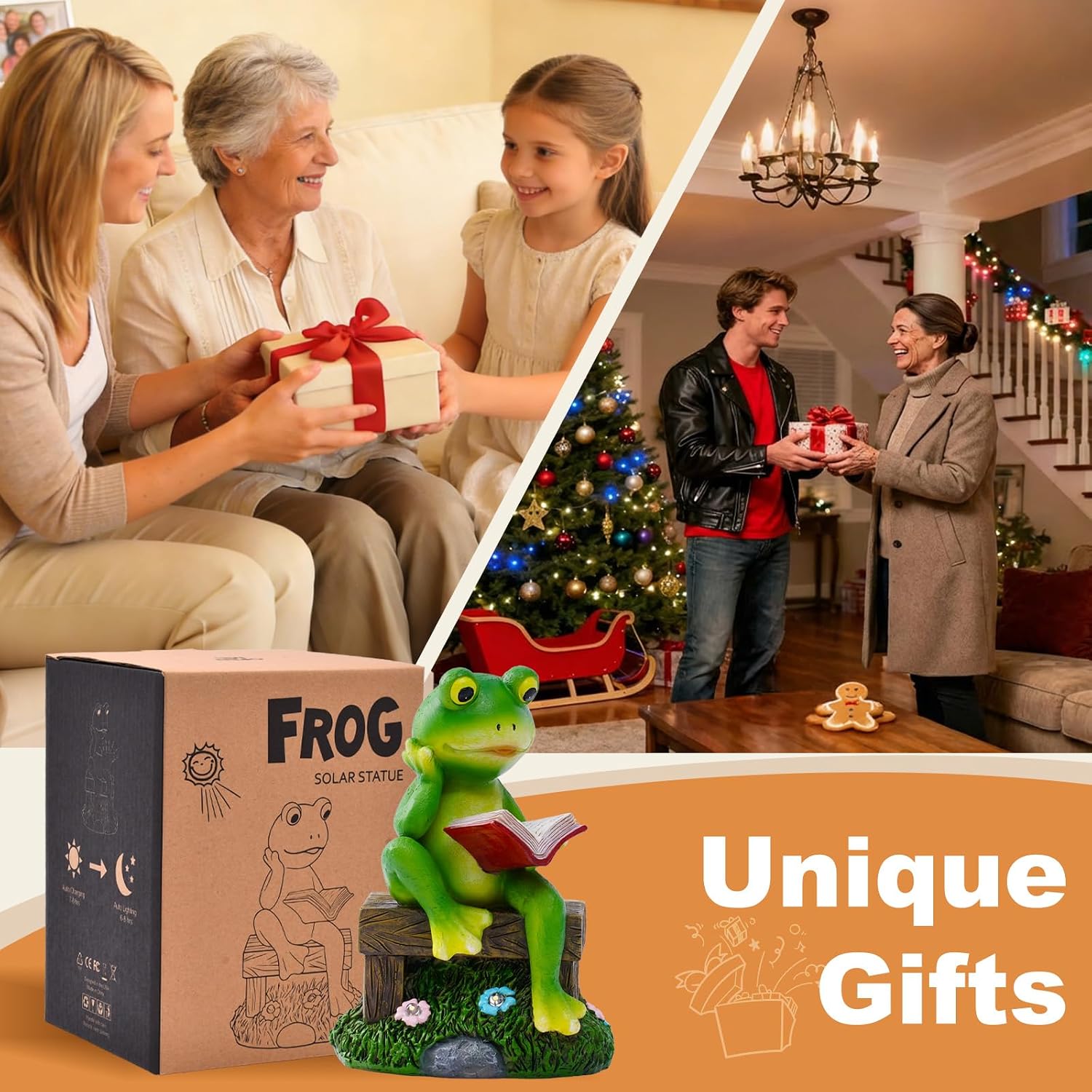 Solar Frog Garden Decor - Resin Frog Decor with LED Lights Outdoor Patio Yard Decor Garden Statue - Unique Frog Gifts for Mom Women