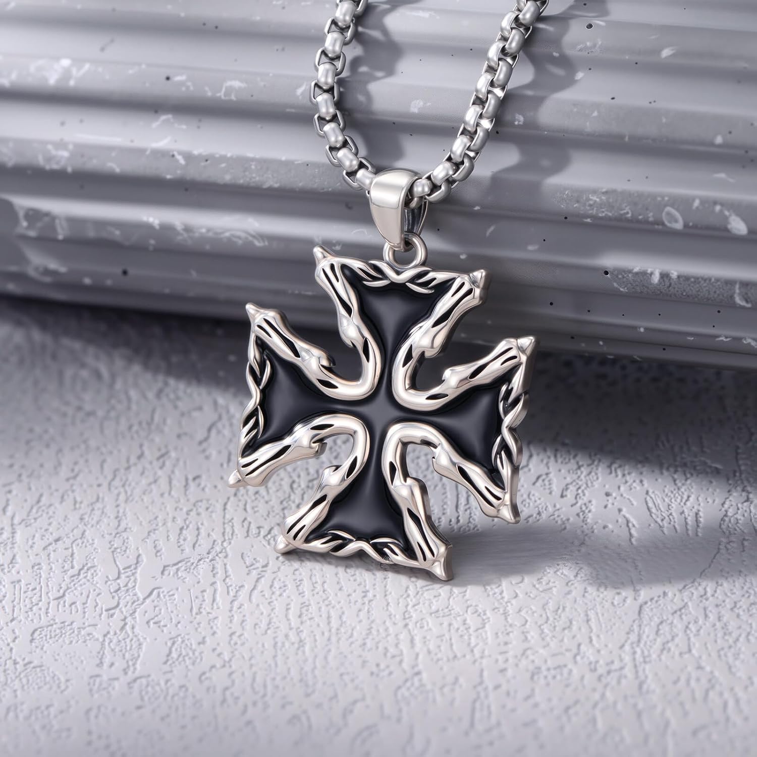 Iron Cross Necklace 925 Sterling Silver Black Enamel Knights Templar Pendant for Men, w/Stainless Steel Chain 22”+2”