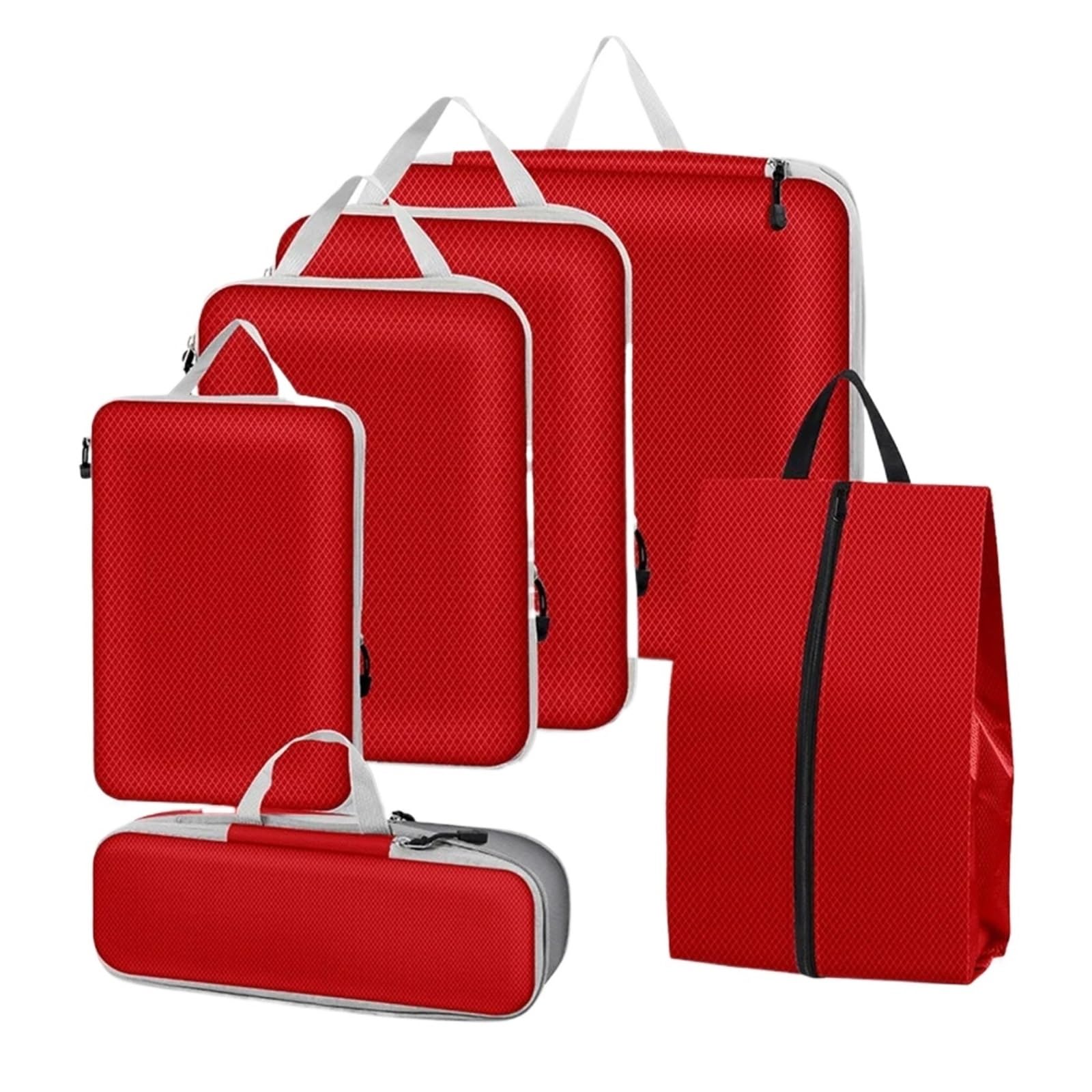BHOUTY 6PCS Compressed Packing Cubes Travel Storage Organizer Set With Shoe Bag Mesh Visual Luggage Portable Lightweight Suitcase(Red)