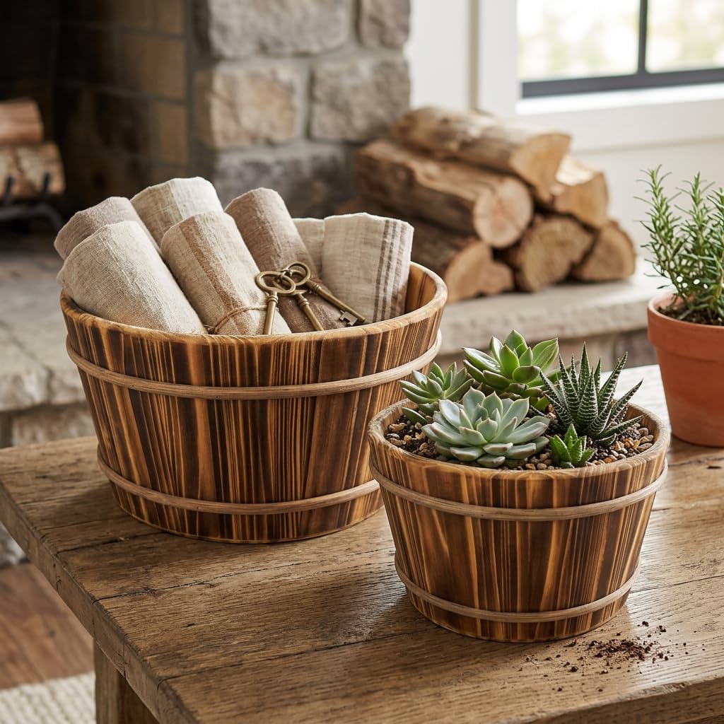 Set 2 Mastelli in Legno di Abete Brunito Marrone, Fioriere e Portaoggetti Decorativi di Diverse Dimensioni, Contenitori Rustici per Casa e Giardino