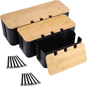 Azyvum Pack of 3 Cable Management Boxes Cable Box Storage Box for Cables with Bamboo Lid Wire Storage Box for Hiding Cables Organise Computer Wiring Loose Wires