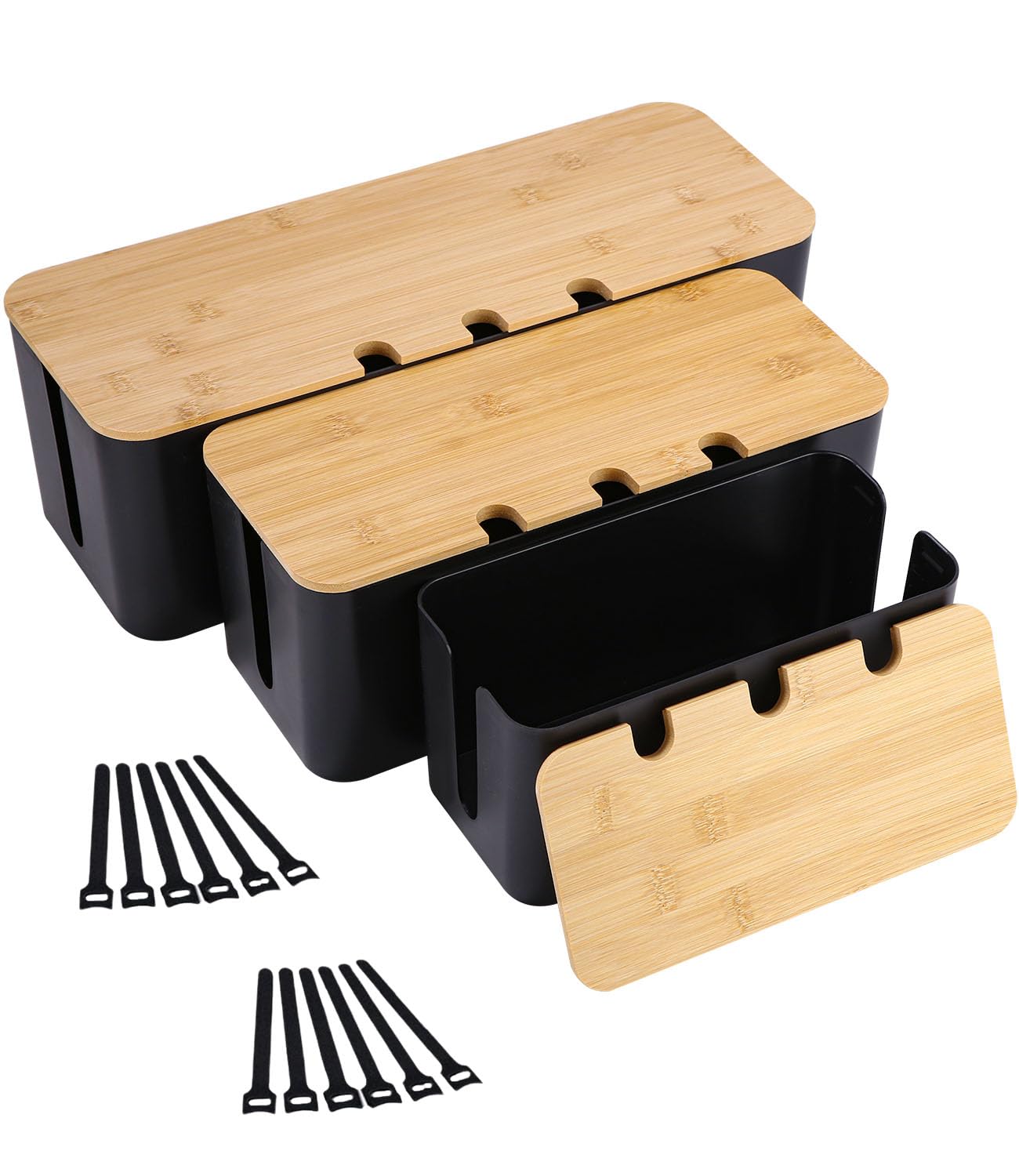 Azyvum 3 Piezas Caja Organizadora Cables con Tapa de Bambú,Caja Cables Organizador para Cables,Guarda Oculta y Recoge Regletas,Mesa y Escritorio, Kabelmanagementbox,kabelbox