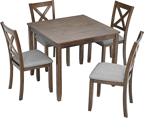 Miniatura 6 de Juego de mesa de comedor de 5 piezas para 4 personas, mesa de comedor de cocina con 4 sillas de madera maciza con cojín suave, ideal para uso en