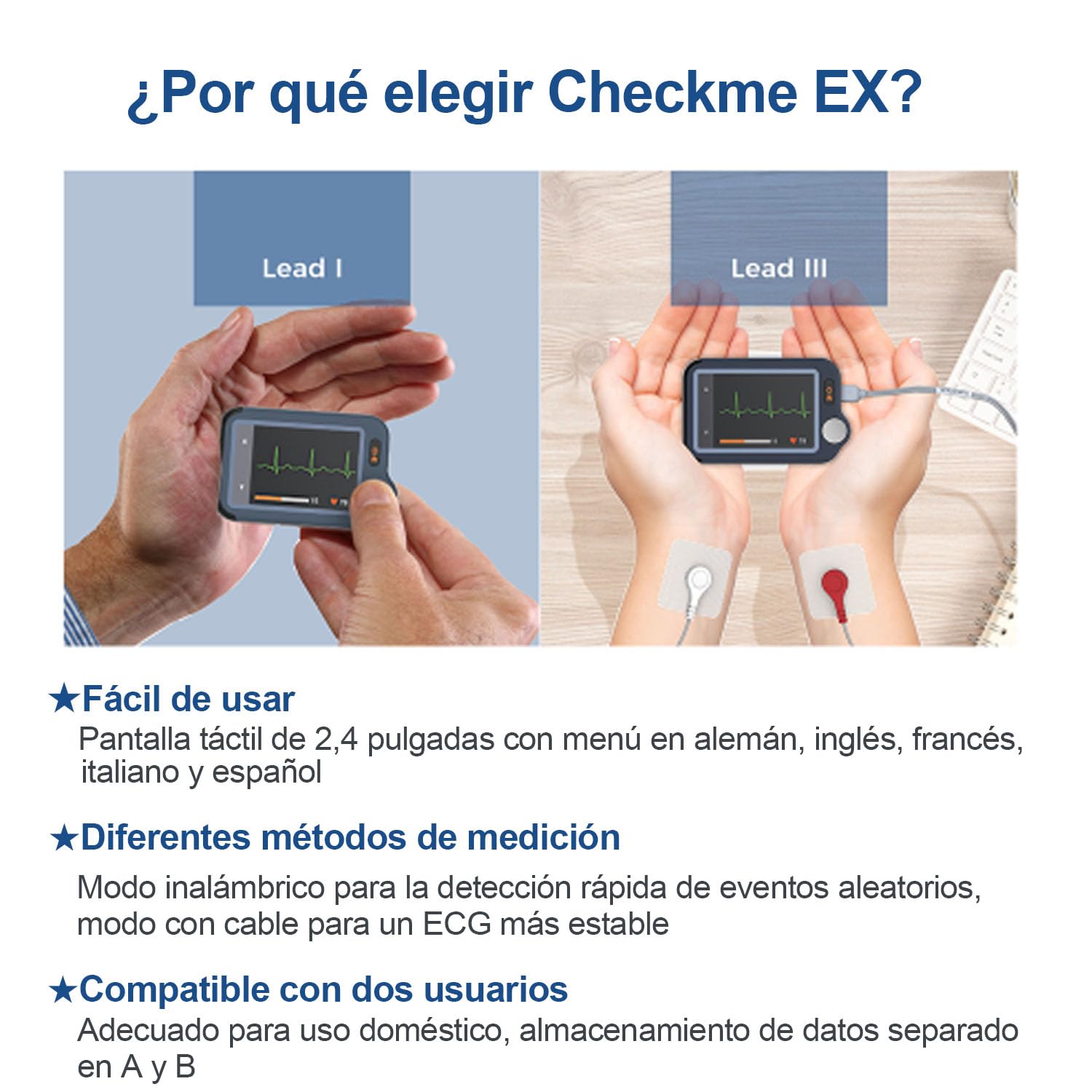 CheckMe Plus Dispositivo Portátil de ECG para Uso Doméstico, Análisis de ECG, 30s 60s 5 min Monitor de ECG Bluetooth con Visualización en Tiempo Real, Memoria Ilimitada (Smartphone y PC)