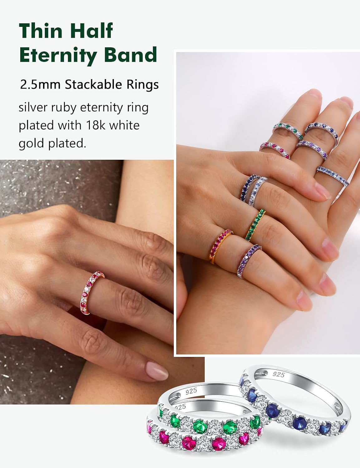 Half Eternity Band Rings for Women Sterling Silver/14K Gold Plated Created Ruby/Sapphire/Emerald/Amethyst Gemstone 3mm Stacking Wedding Bands Size 6-10