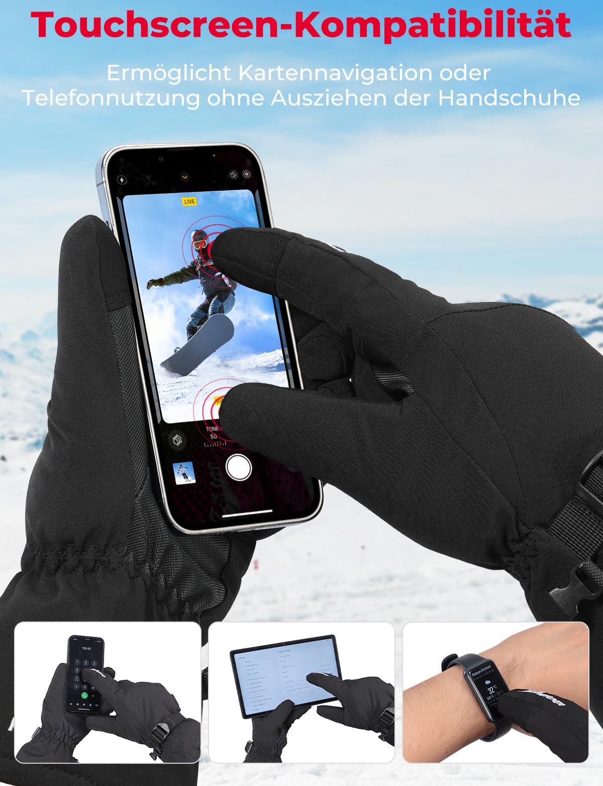 Guanti Riscaldati KEMIMOTO Con Batteria 2500 MAh – 3 Livelli Di Calore (40-65°C), Impermeabili E Touch Screen, Per Sci E Moto