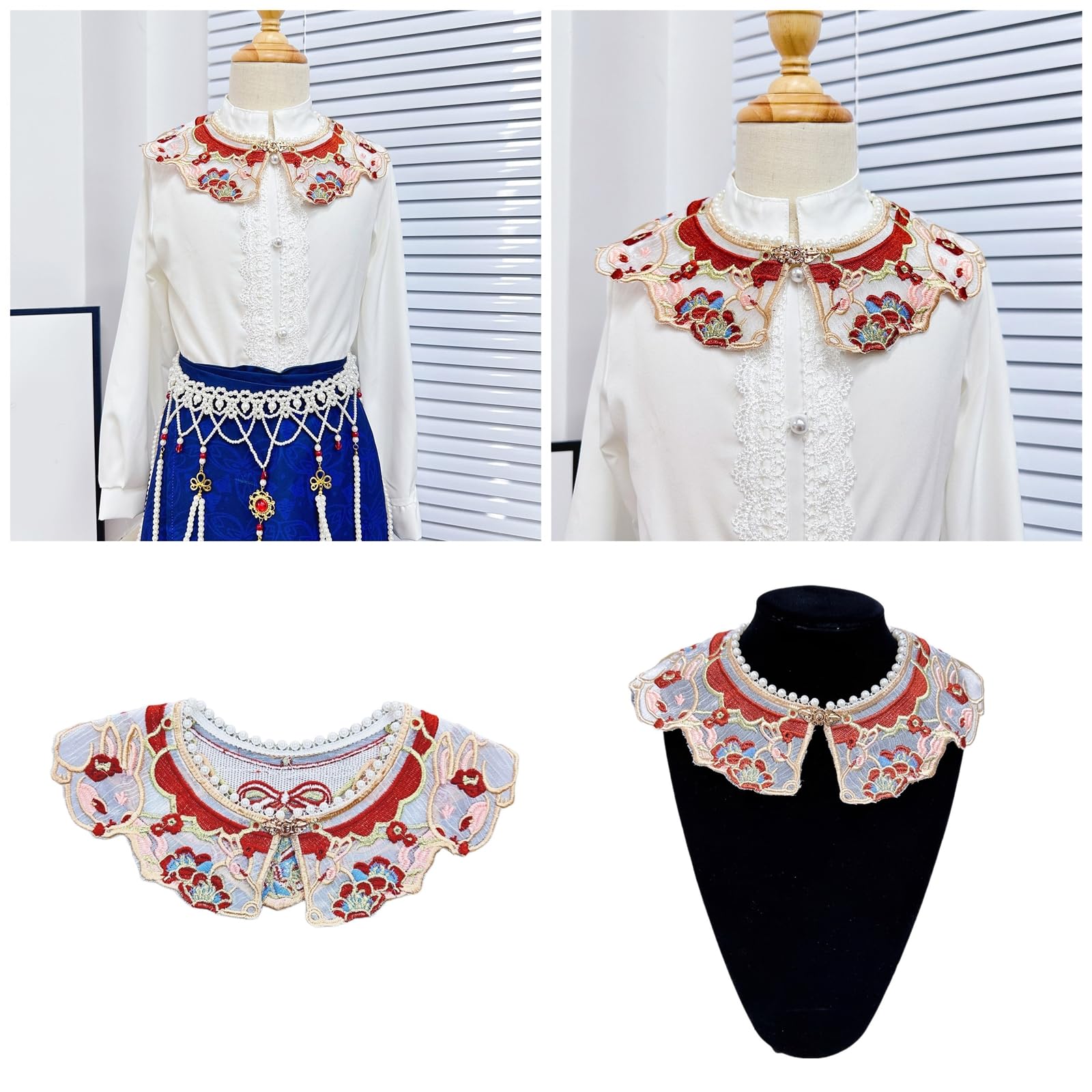 Kids Girls Chinese Vintage Embroidered Flower Shawl Wrap Scarf Pearl Beaded Neckline Dresses Decorative False Collar