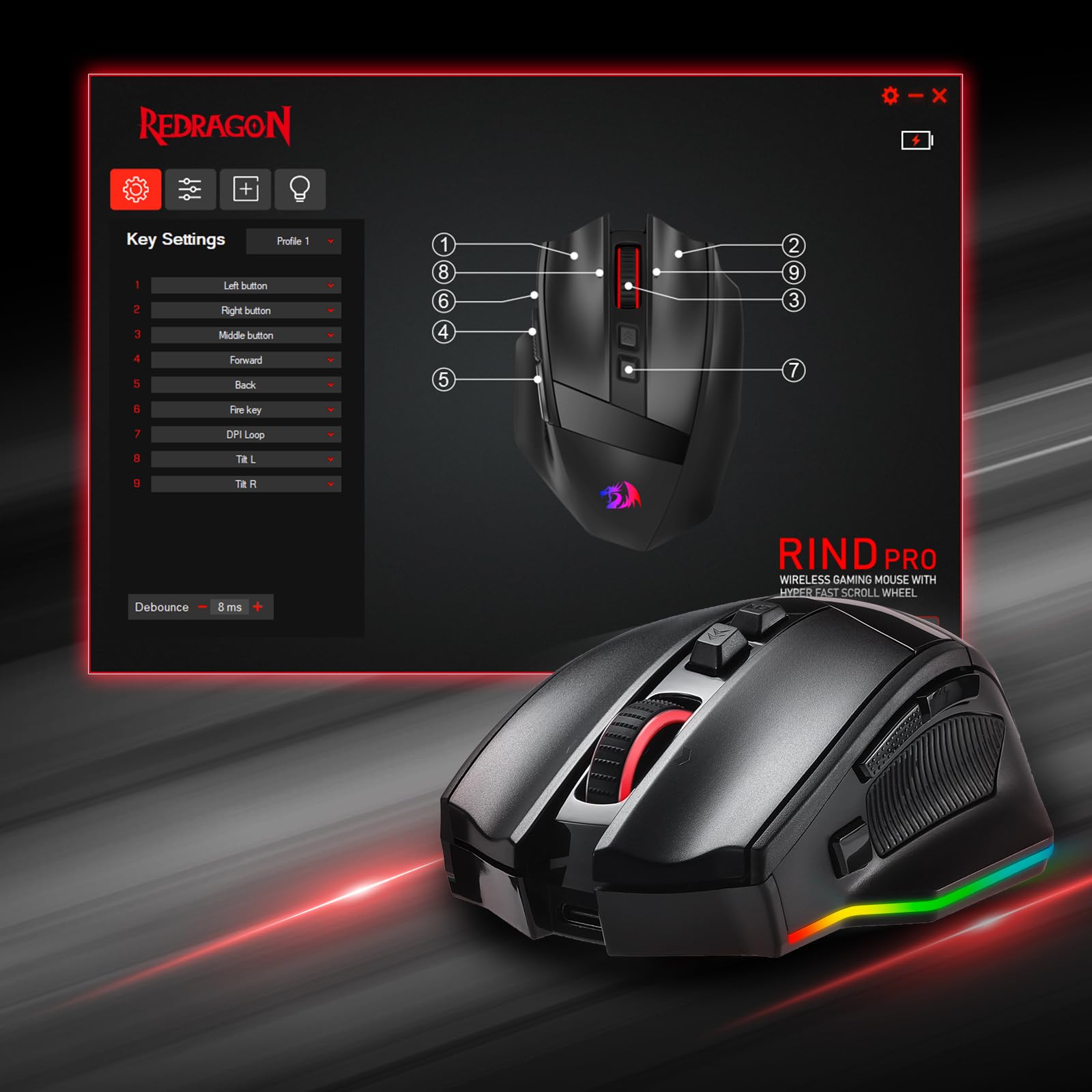 Redragon M813 PRO Souris de jeu RVB 3 modes avec molette de défilement double mode 4D, souris optique ergonomique avec max 26 000 ppp, capteur de précision professionnel 3395, 7 boutons macro,