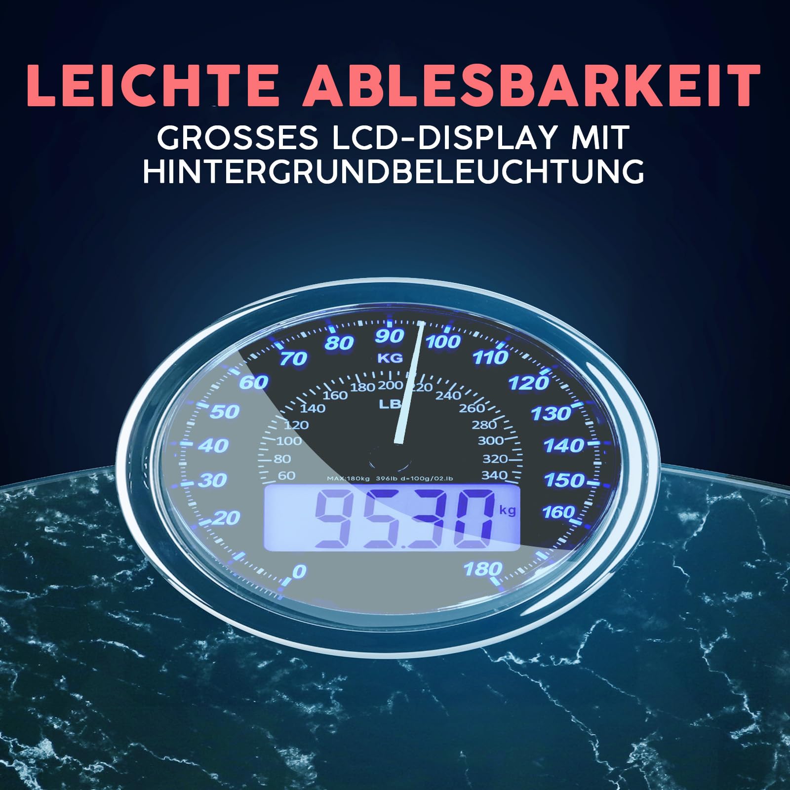 Hybrid Personenwaage - Analog & Digital, Präzise bis 180 kg | Gewicht auf Analogzifferblatt und LCD ablesen. Breite Glasplattform, 3 AAA Batterien inklusive, sofort einsatzbereit.
