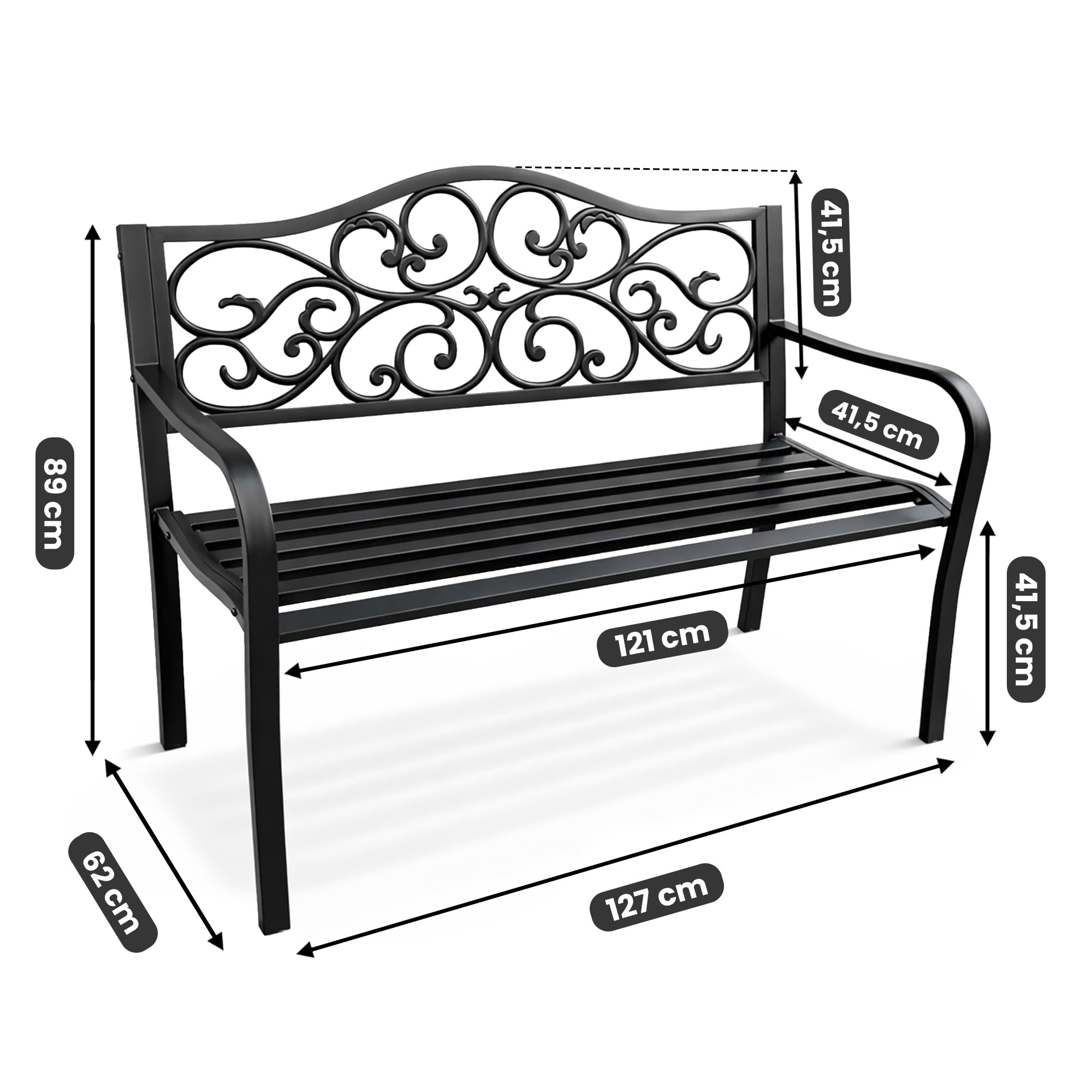 AKORD Panchina da Giardino IRGA con Gambe in Acciaio e Schienale in Ghisa | Panca da Esterno | Panchine Esterna con Bracciolo | Panche Moderno Resistente alle Intemperie | Larghezza 127 cm | Nero