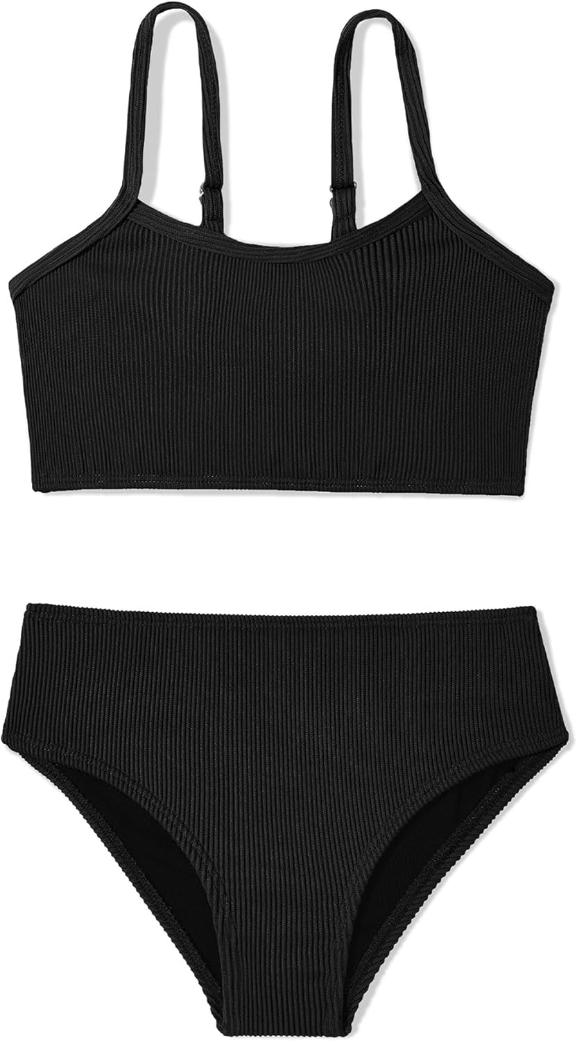 Zando 2 Piece Ribbed Swimsuits for Teen Girls Kids Size 6-15 Years High Waisted Solid Cute Bikini for Summer Beach Wear