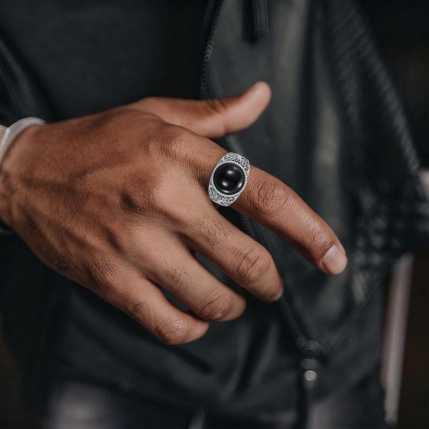 Men's Tree of Life Ring, Sterling Silver Adjustable Band with Natural Gemstone (Black Onyx, Turquoise, Amber, Tiger Eye, Lapis Lazuli) - Vintage Spiritual Jewelry for Men