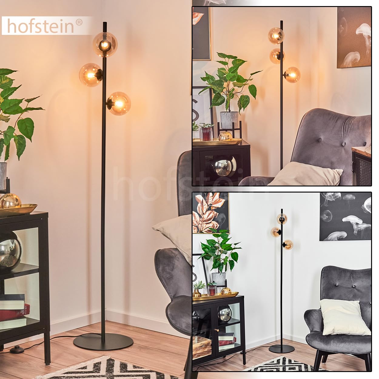 Stehleuchte Remaisnil, moderne Stehlampe aus Metall/Glas in Schwarz/Bernsteinfarben, Standleuchte mit Schirmen aus Glas (Ø 12 cm), mit Fußschalter am Kabel, 3 x G9, ohne Leuchtmittel