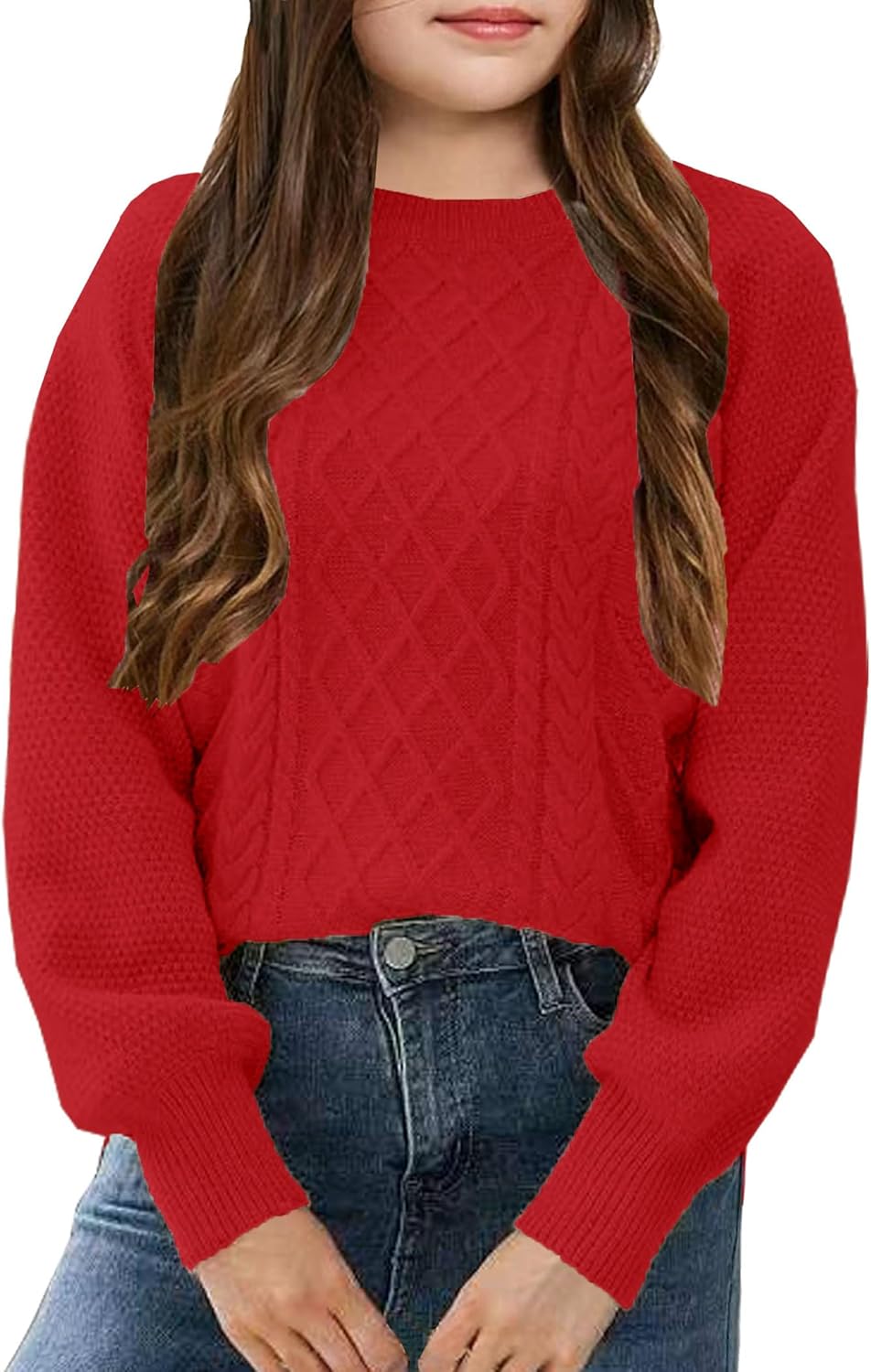 Girl's Sweater Cable Knit Long Sleeves Crew Neck Soft Casual Pullover Sweaters