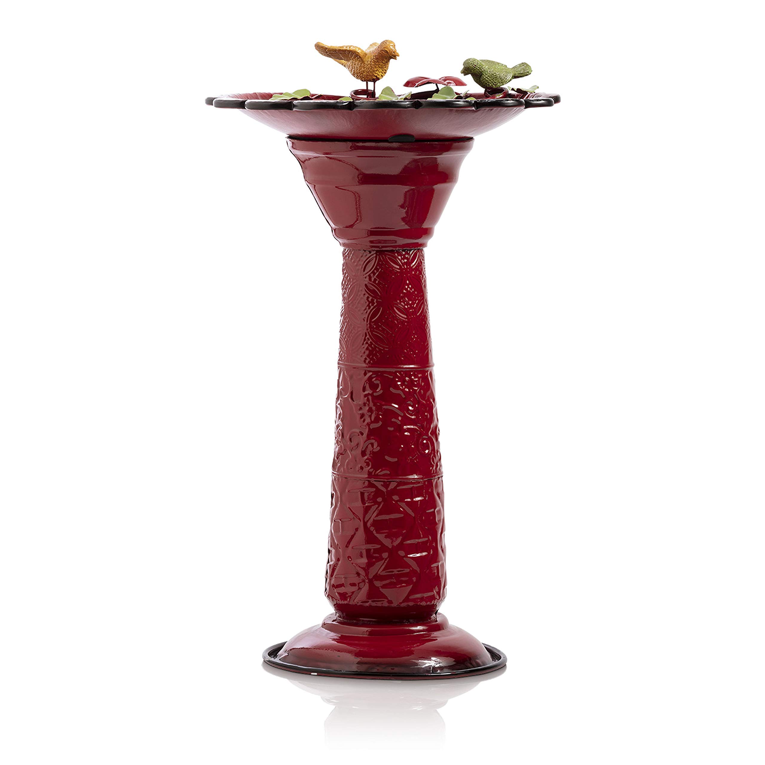 Alpine Corporation 28" Tall Outdoor Metal Birdbath with Birds and Leaves Yard Statue Decoration, Red