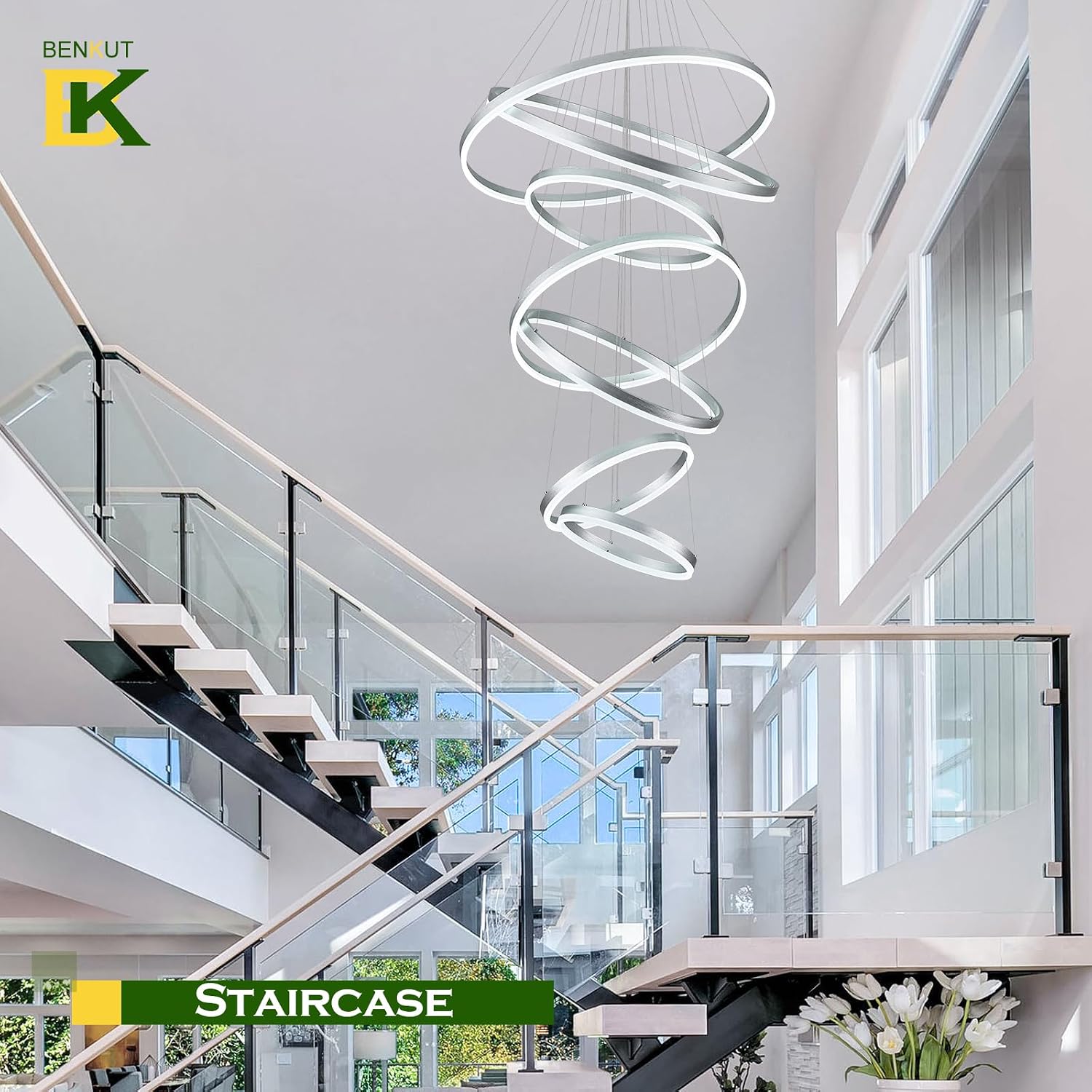 Benkut 7 Rings Modern LED Chandelier Silver Dimmable Large Foyer Chandeliers Entryway High Ceiling for Staircase, High Ceiling Pendant Lights for Entryway Living Room, 3000K-6500K CCT