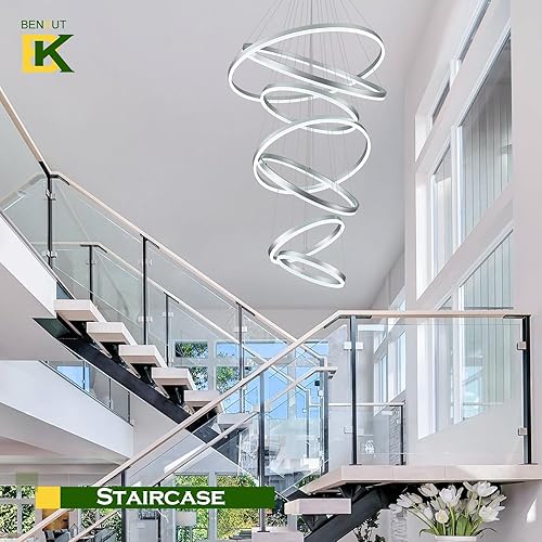 Miniatura 8 de Candelabros grandes para techos altos, lámparas de vestíbulo de 31.5 pulgadas, lámpara de techo alto, moderna lámpara de 7 anillos LED de plata para