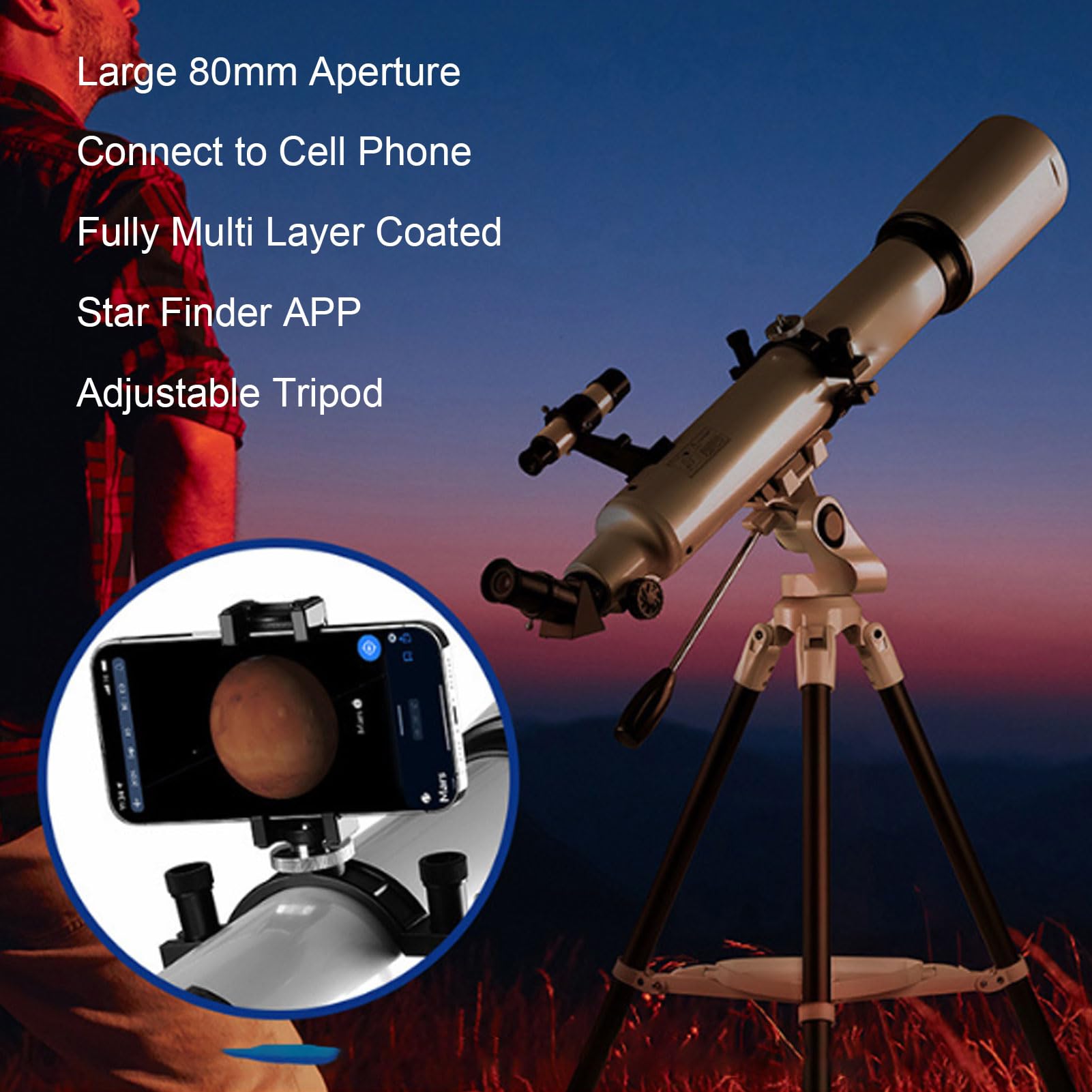 Pyhodi 80 Mm Profesjonalny Teleskop Astronomiczny z w Pełni Powleczonymi Wieloma, Aluminiowymi Statywami, Adapterem Smartfonów i Kontrolerem, Idealny do Obserwacji Obiektów Głębokiego