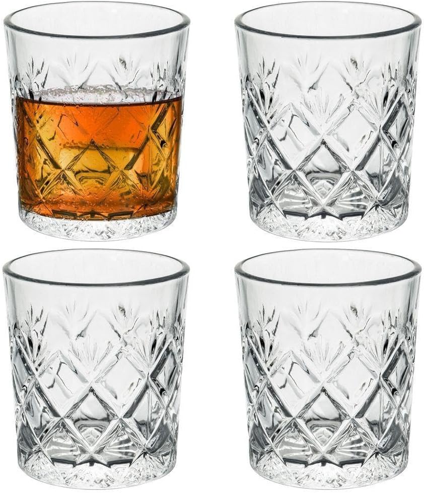 GEEZY Set of 4 Whisky Glasses 230ML โ Elegant Transparent Drinking Tumblers for Spirits, Vodka, Gin, Cocktail or Water โ Durable Glassware Gift Set for Men โ Dishwasher Safe & Stylish