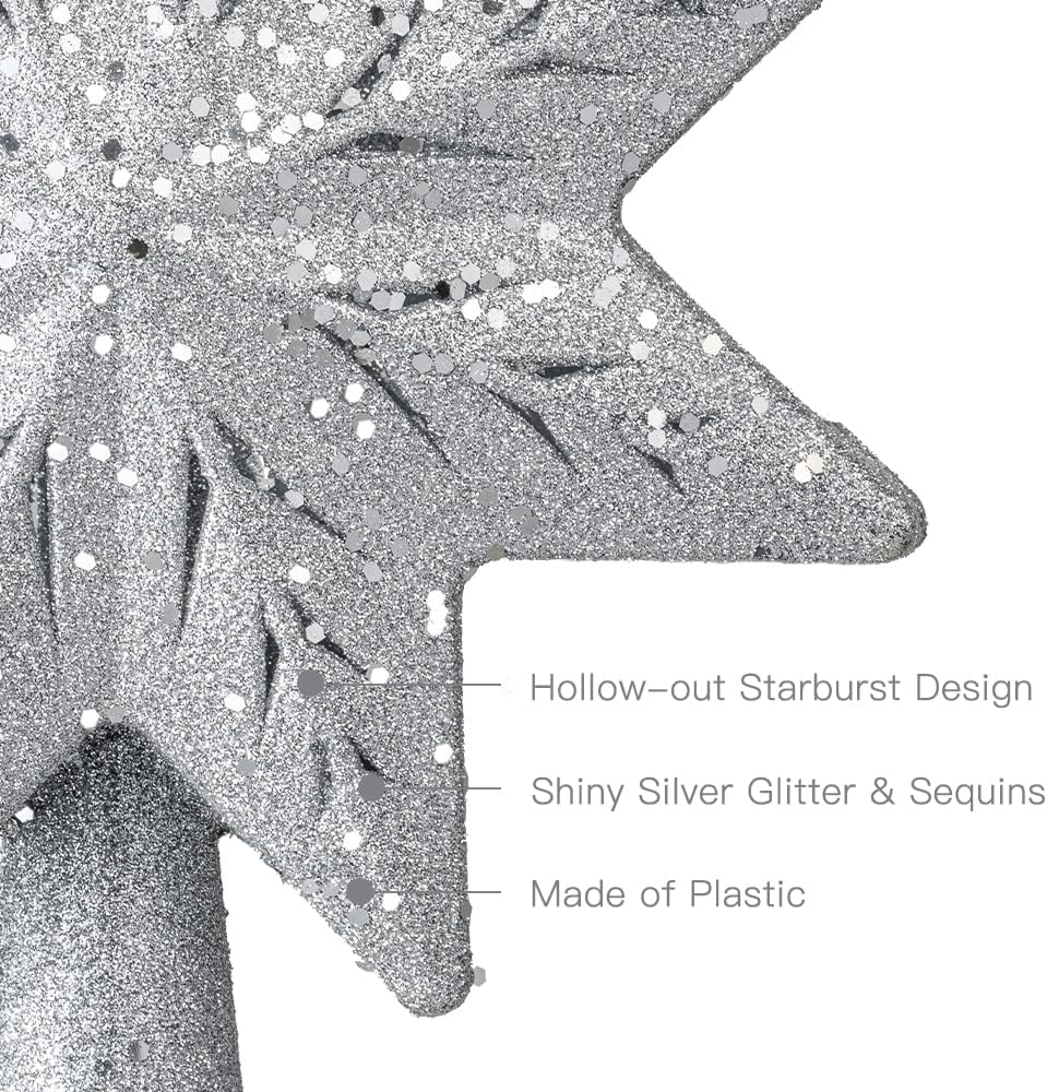 Christmas Tree Topper, hogardeck 3D Silver Eight Pointed Star Tree Topper Lighted with Hollow Glitter Projector, LED Rotating Snowflake Tree Toppers for Christmas Tree Decorations