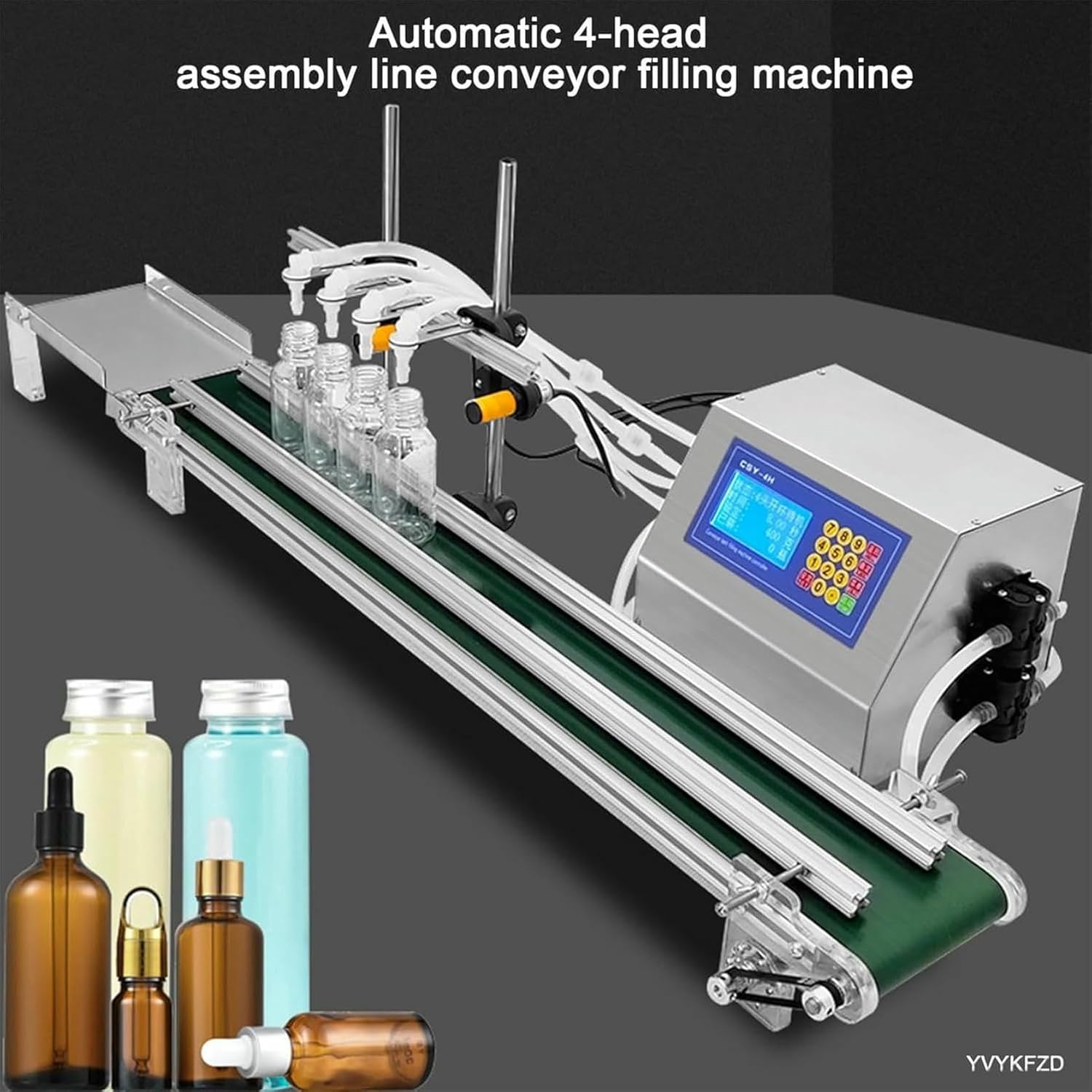 4 Head Fluid Filling Machine, Liquid Filling Machine with Automatic Digital Control, Bottles Filling with Small Conveyor Belt, Smart Sensor, for Water,