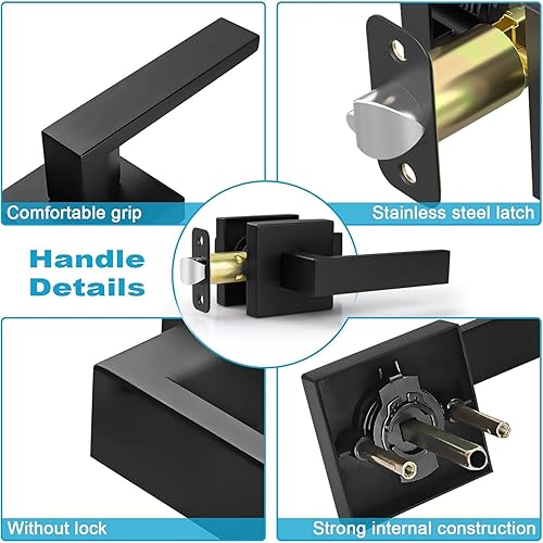 Vista 13 de Estmoon Paquete de 2 manijas de puerta de paso, pomos de puerta color negro mate, manijas de puerta cuadradas interiores, manijas resistentes sin
