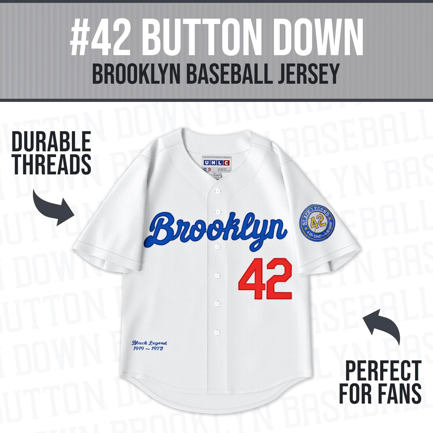 Jackie Robinson #42 Baseball Jersey – Embroidered Throwback with Legacy Patch, Stitched Letters Adult Sizes S–5XL