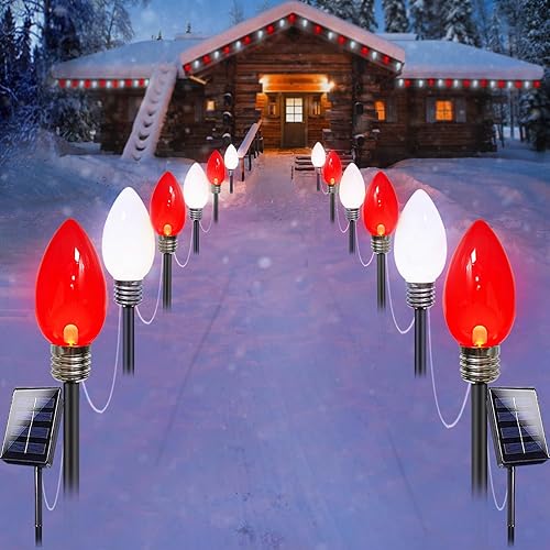 Miniatura 1 de YIQU Paquete de 12 luces solares de Navidad Jumbo C9 rojas y blancas, 2023 más recientes decoraciones de Navidad al aire libre, luces solares