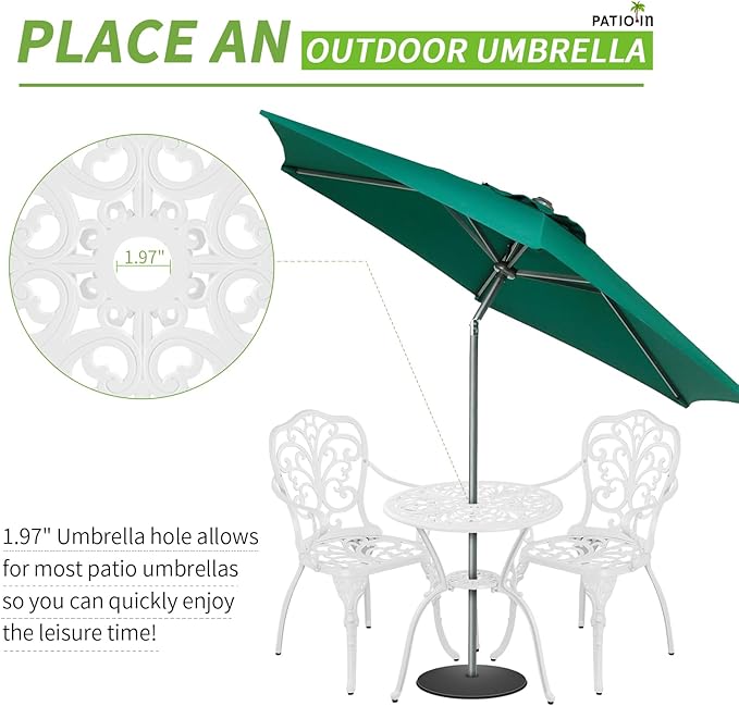 A bistro table and chairs set typically includes two chairs and a small table, perfect for creating a cozy and intimate dining nook in a small outdoor space like a balcony or patio. This set is designed for outdoor use and made of durable materials like cast aluminum, which is resistant to rust and corrosion, ensuring longevity and weather resistance. The chairs and table are often lightweight and easy to move around, making them versatile for various seating arrangements.