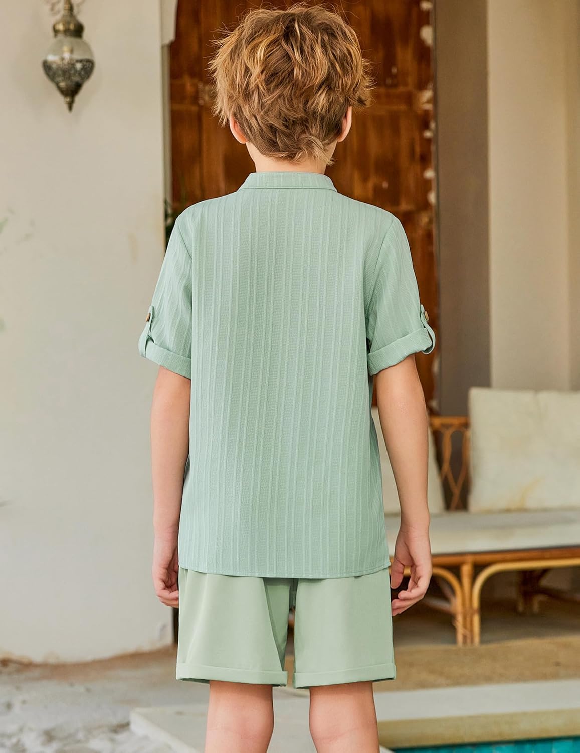 Arshiner Boy's 2 Piece Beach Outfit Short Sleeve Textured Button Down Shirt and Short Sets Summer Vacation Wear 5-12 Years - Image 5