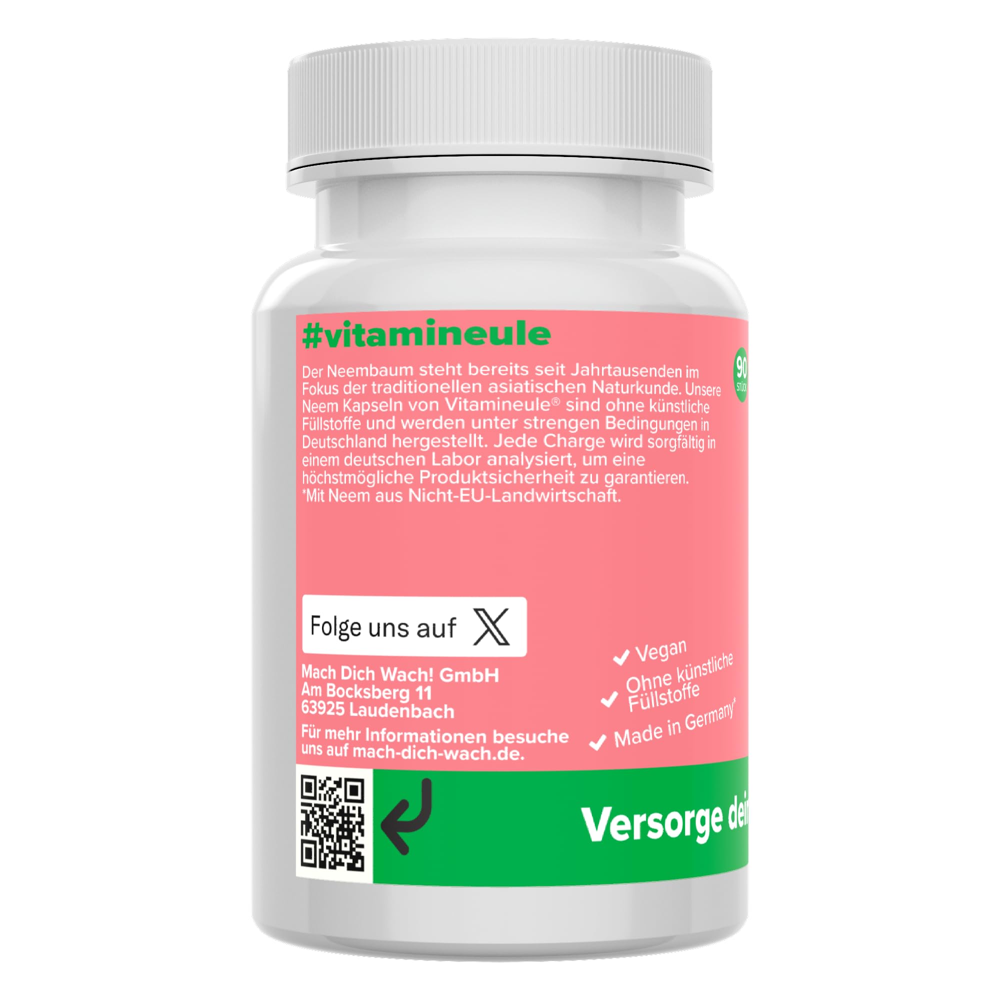 Neem Kapseln - hochdosiert 1600 mg (400 mg 4:1 Extrakt) - bioaktiv & vegan - Produktion in Deutschland - laborgeprüft - Niem ohne Zusatzstoffe - Frucht-Extrakt aus dem Neembaum - Vitamineule®