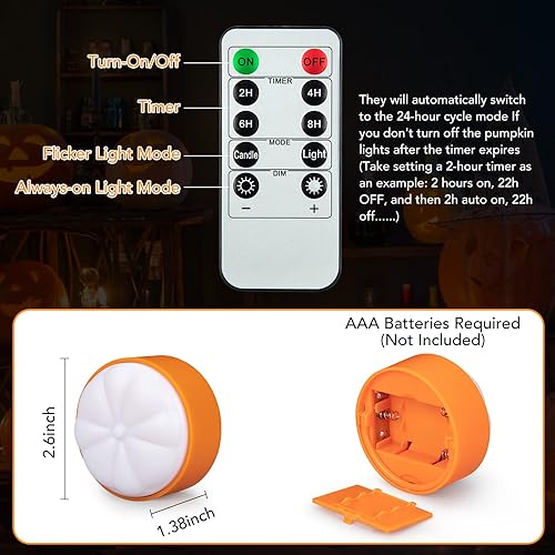 Miniatura 6 de Litake Luces LED de calabaza sin llama con control remoto, luces parpadeantes con temporizador, funciona con pilas, luz de vela de Halloween