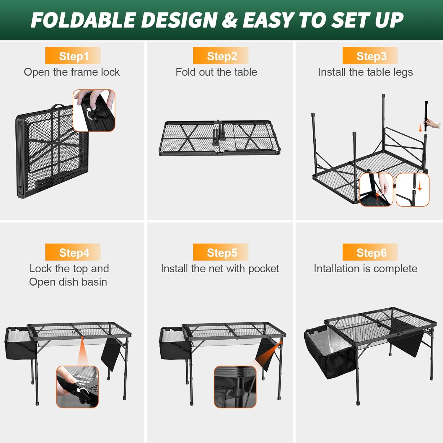 WildFinder Portable Folding Grill Table with Sink for Outdoor, Lightweight Aluminum Frame Folding Grill Stand Picnic Table Camping Cooking BBQ, RV Picnic,2 Heights Adjustable(Black)